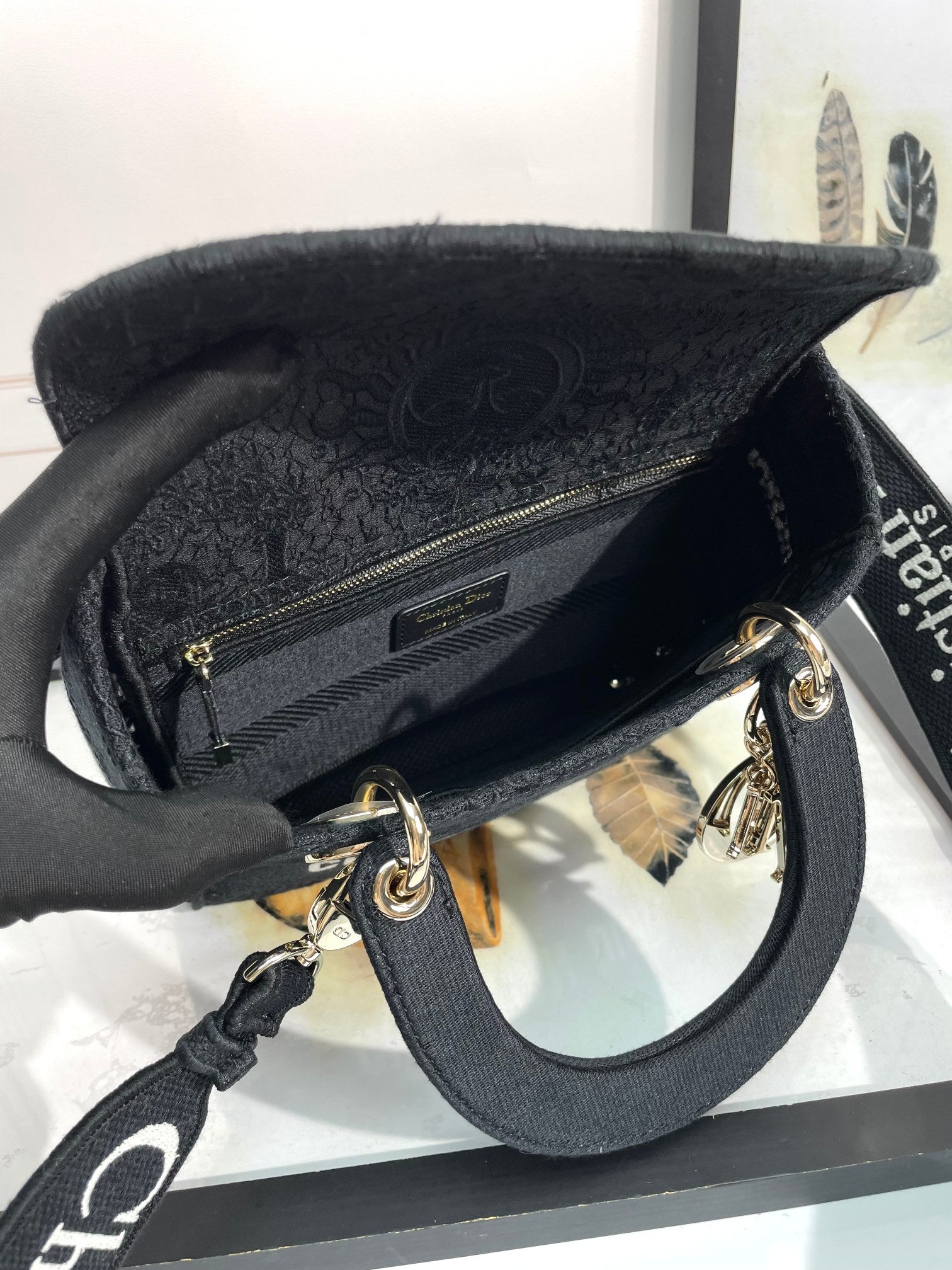 Christian Dior Lady D-Lite Medium Bag - Black Embroidered Canvas Handbag