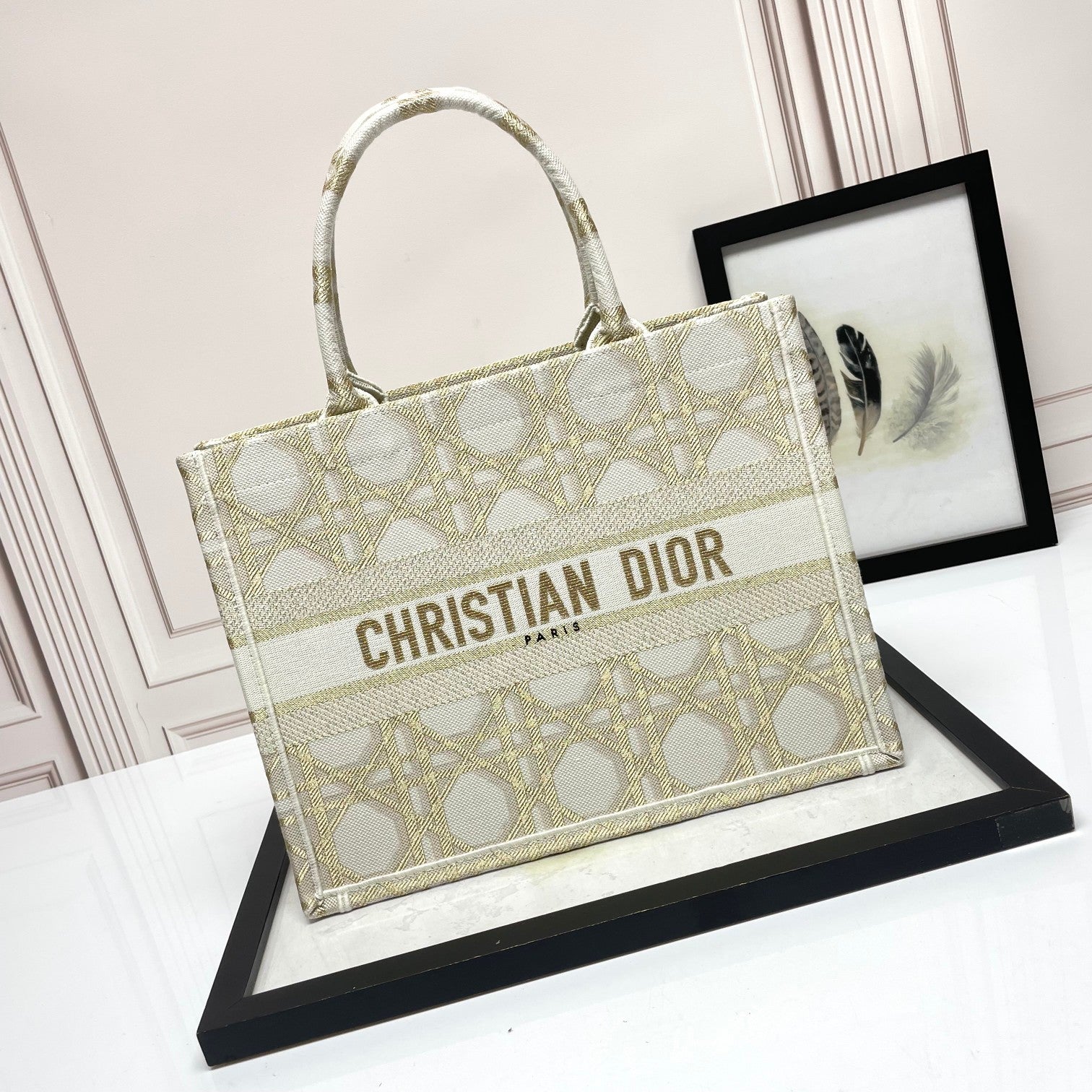 Christian Dior Gold Macrocannage Embroidery Large Book Tote Bag