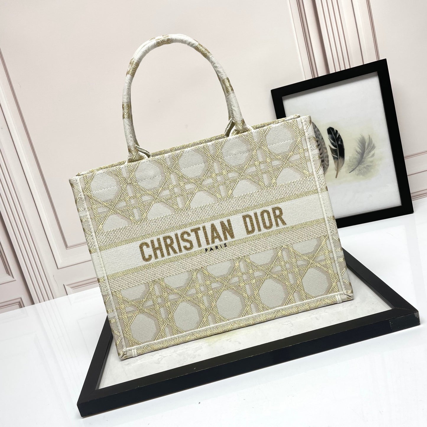 Dior Elegant Beige Embroidered Canvas Tote Bag Luxury Top Handle Handbag