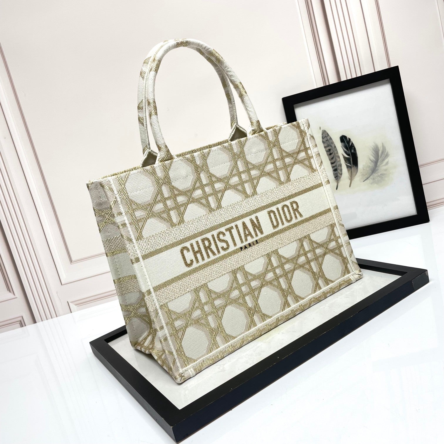 Christian Dior Gold Macrocannage Embroidery Large Book Tote Bag