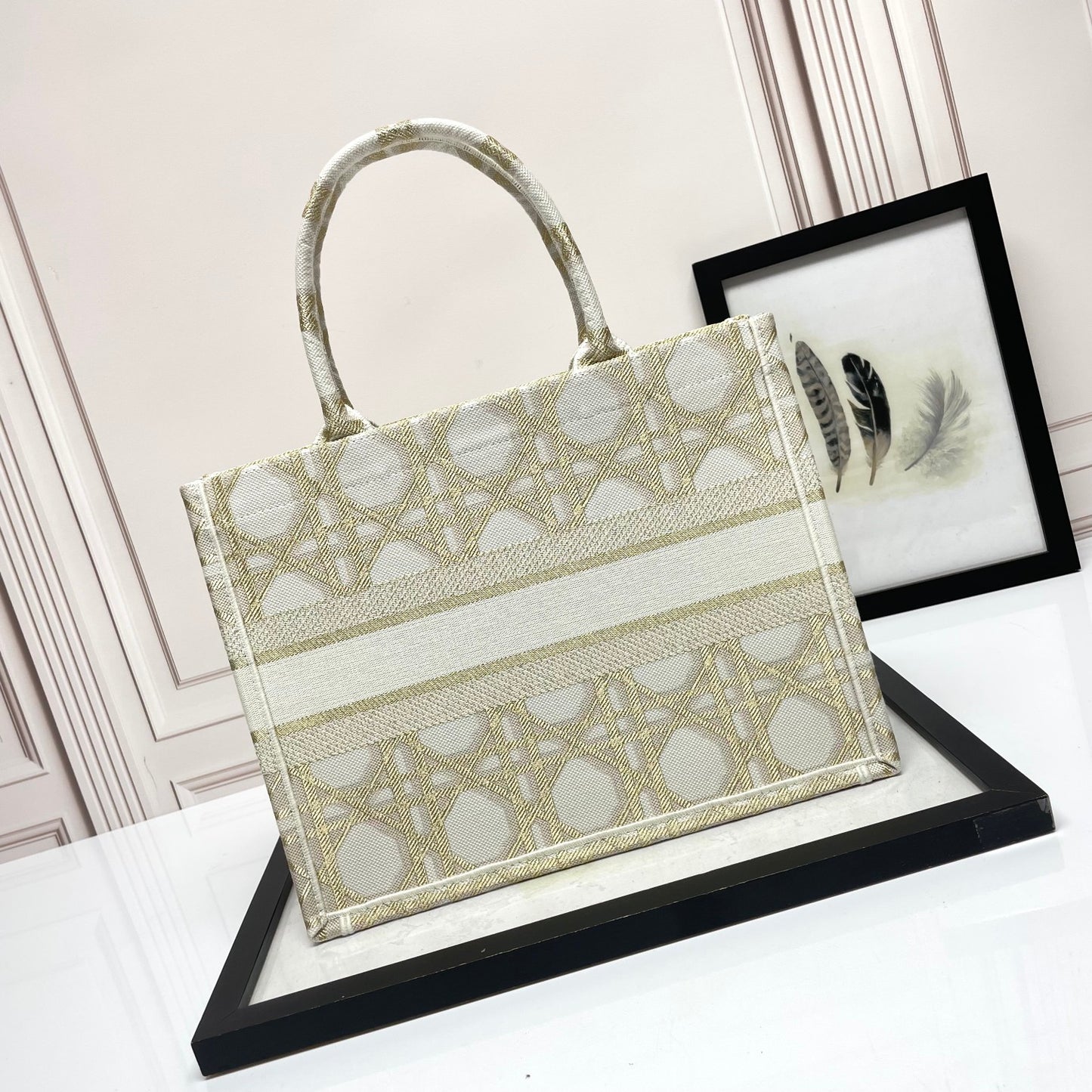 Christian Dior Gold Macrocannage Embroidery Large Book Tote Bag
