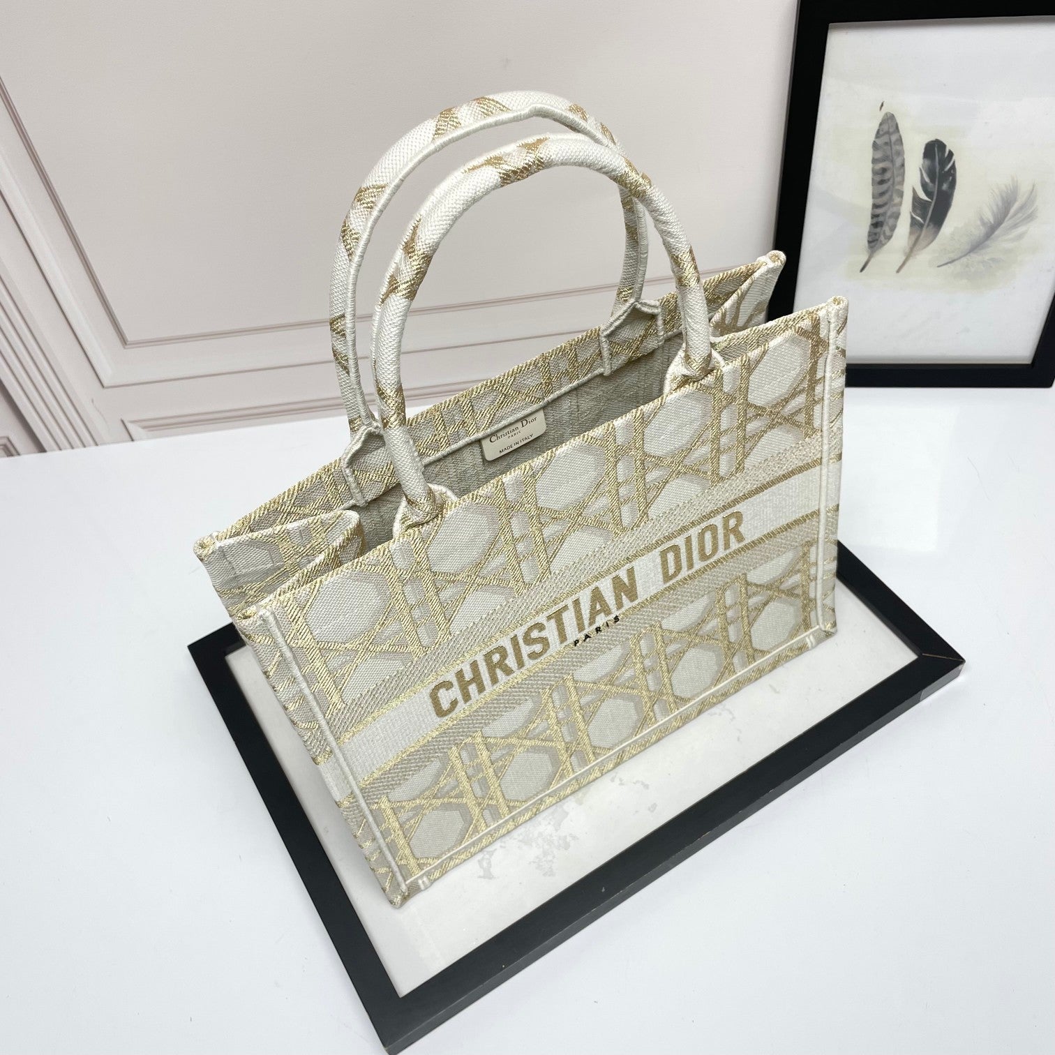 Christian Dior Gold Macrocannage Embroidery Large Book Tote Bag