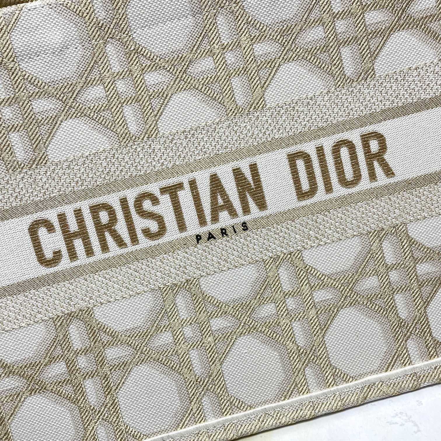 Dior Elegant Beige and Gold Embroidered Pattern Canvas Tote Bag