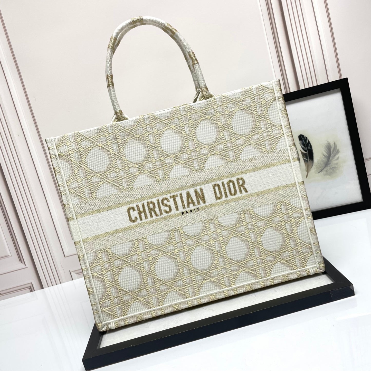 Christian Dior Book Tote Medium Bag in Beige and White Embroidered Cannage Canvas