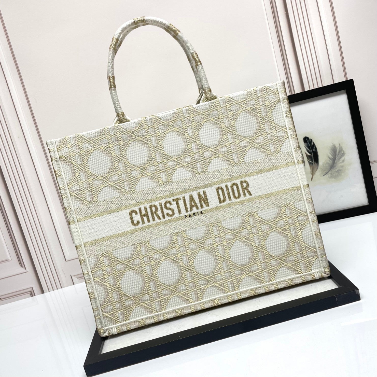Christian Dior Book Tote Medium Bag in Beige and White Embroidered Cannage Canvas