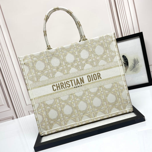 Christian Dior Book Tote Medium Bag in Beige and White Embroidered Cannage Canvas