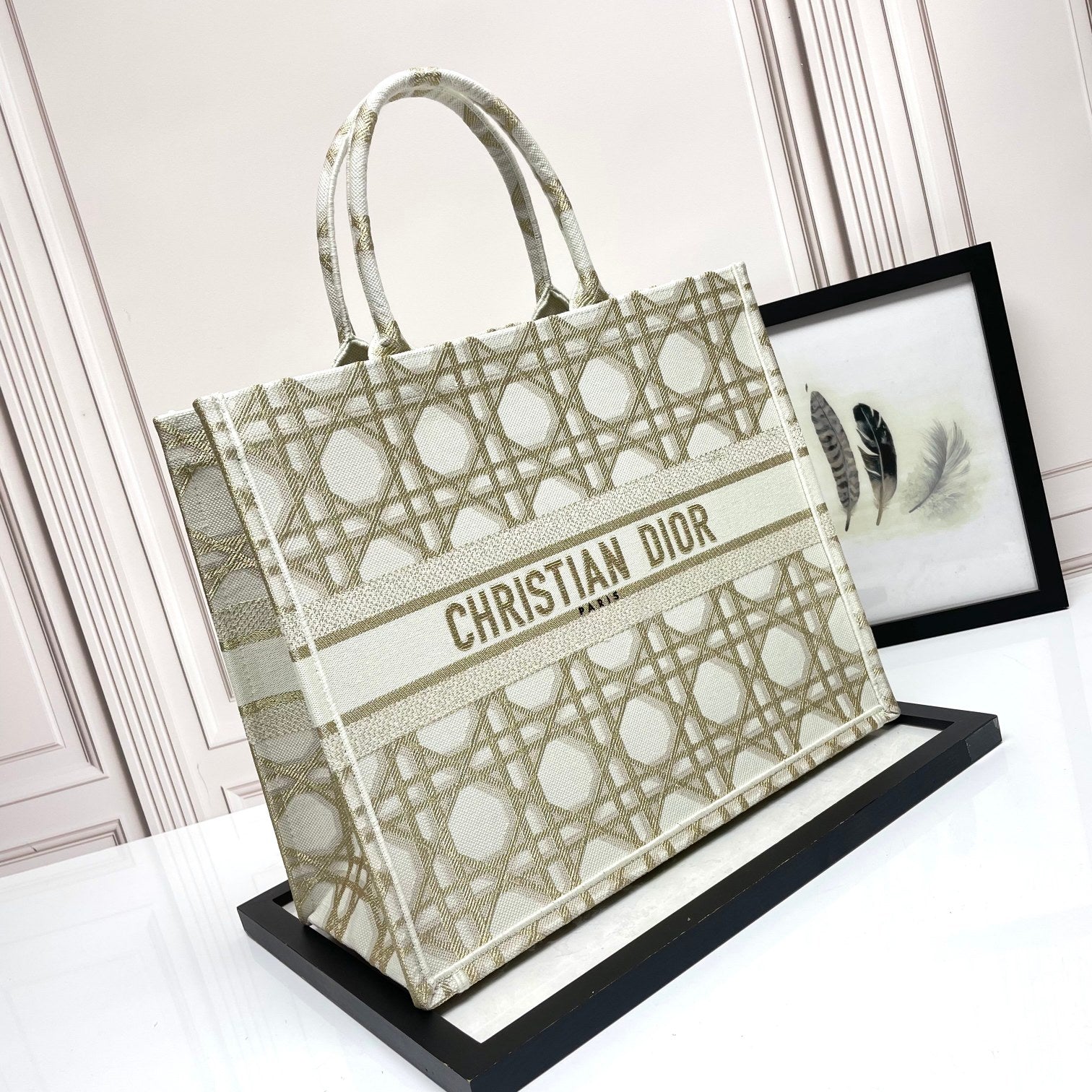 Christian Dior Book Tote Medium Bag in Beige and White Embroidered Cannage Canvas