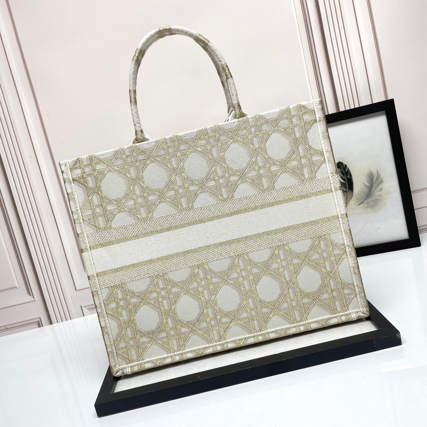 Christian Dior Book Tote Medium Bag in Beige and White Embroidered Cannage Canvas