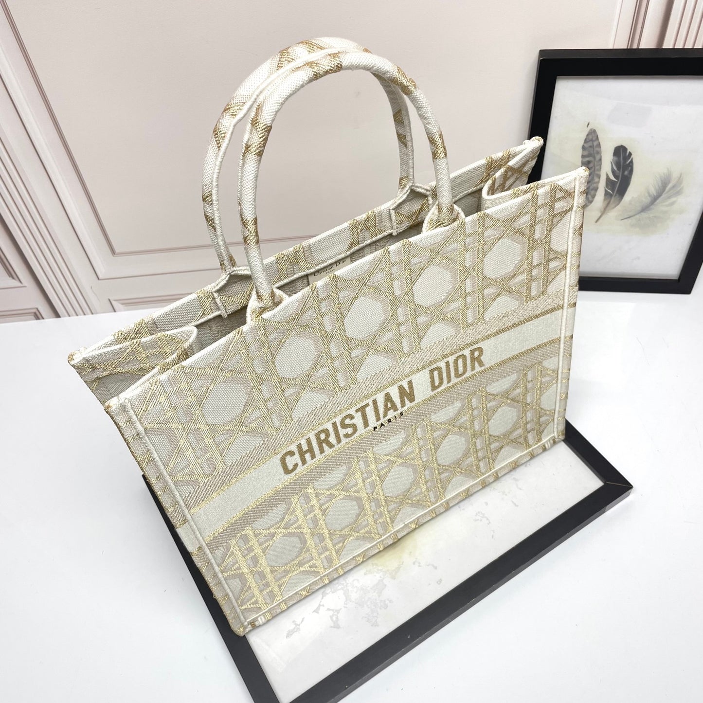 Christian Dior Book Tote Medium Bag in Beige and White Embroidered Cannage Canvas