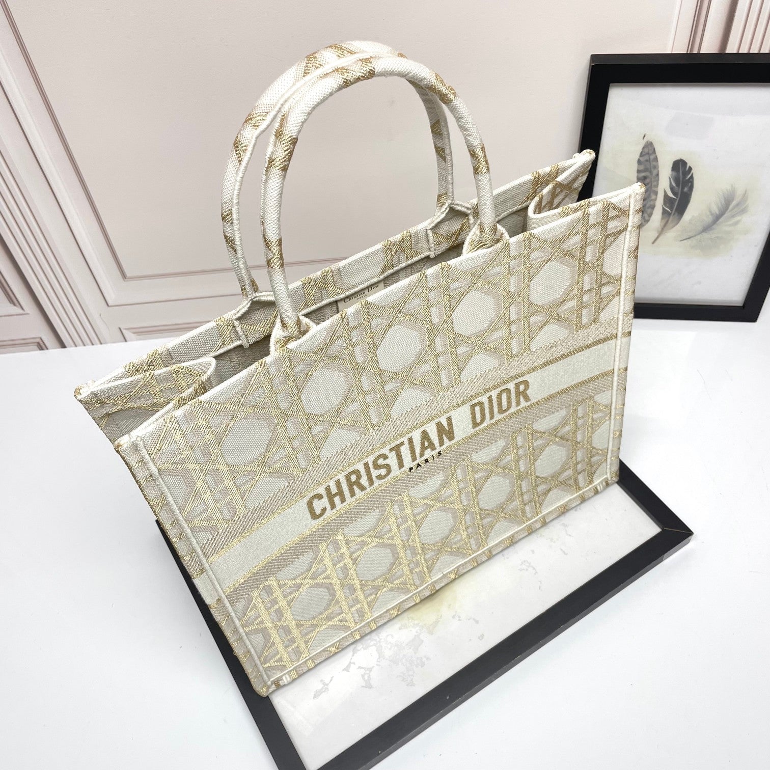 Dior Structured Beige Canvas Tote Bag with Embroidered Geometric Pattern