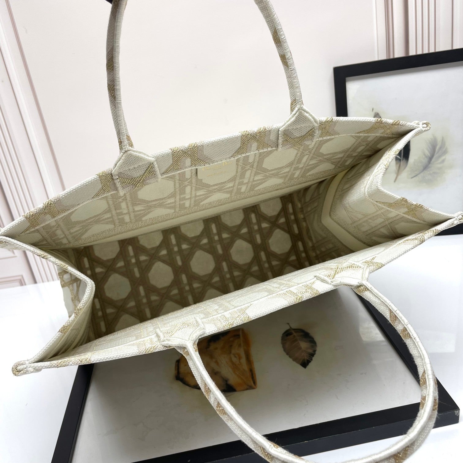 Christian Dior Book Tote Medium Bag in Beige and White Embroidered Cannage Canvas