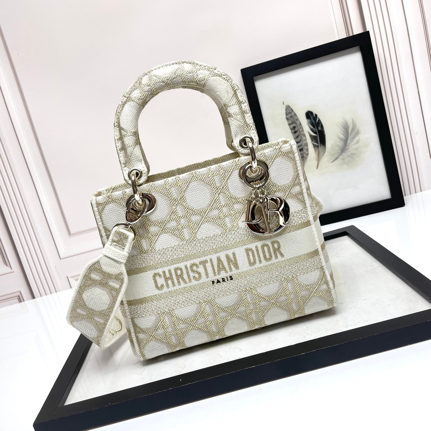 Christian Dior Medium Lady D-Lite Bag - Beige/White Embroidered Canvas