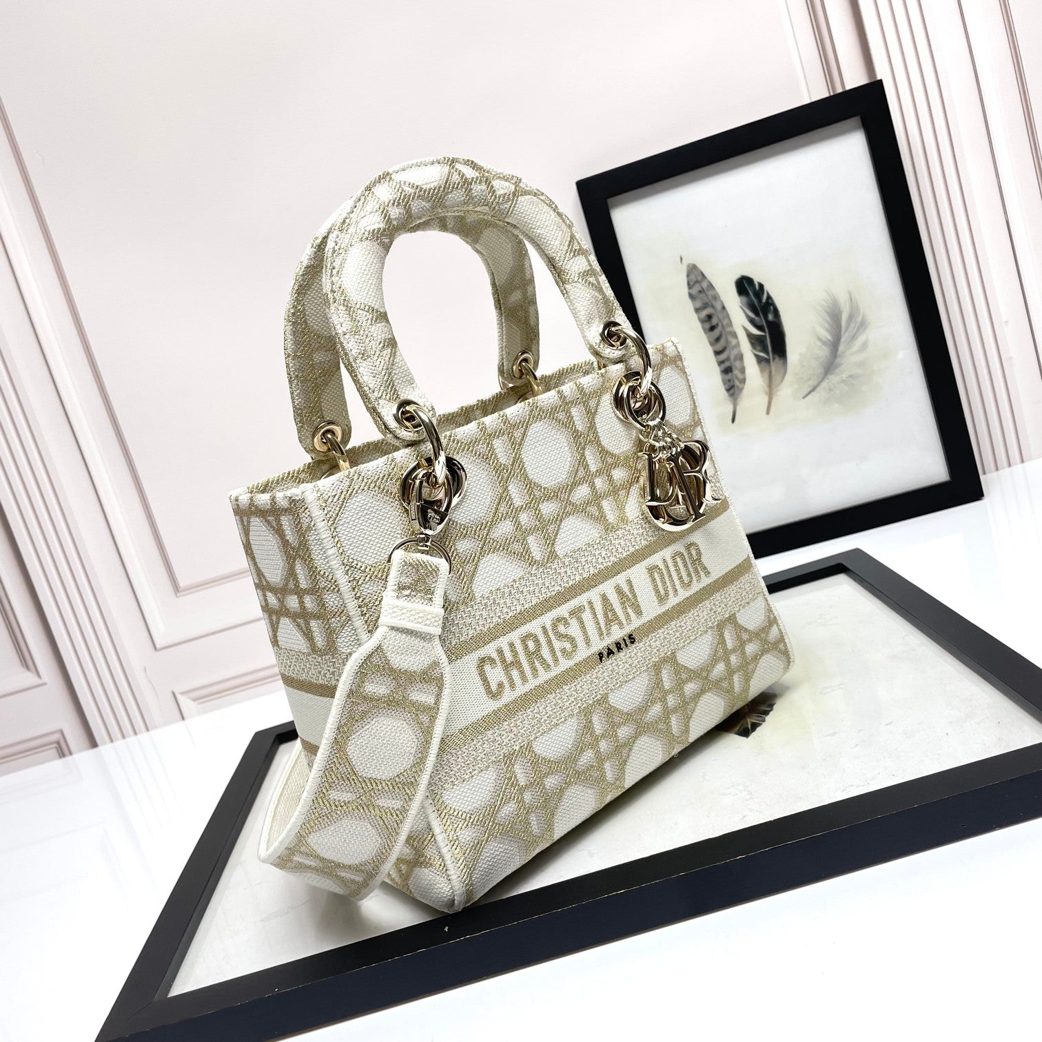 Christian Dior Medium Lady D-Lite Bag - Beige/White Embroidered Canvas