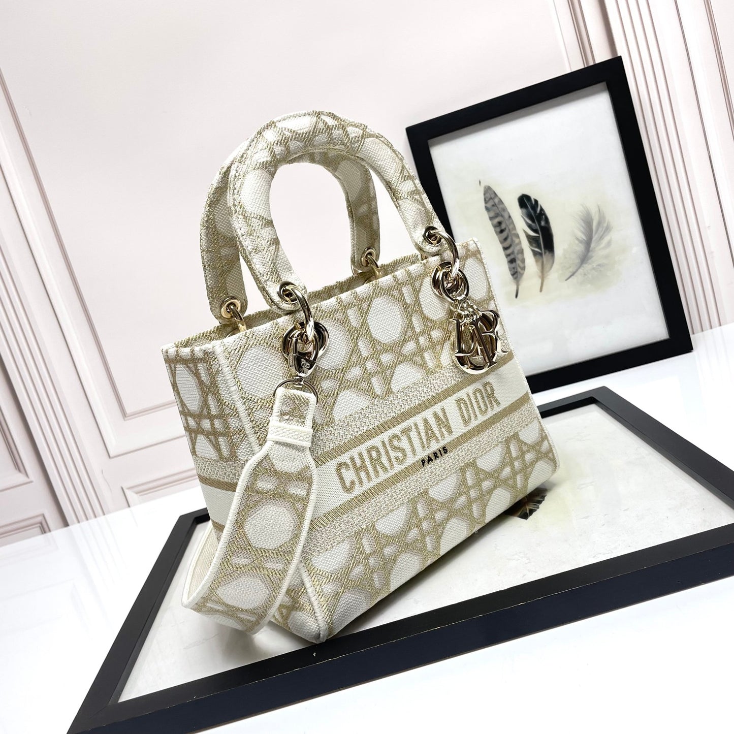 Christian Dior Lady D-Lite Medium Bag - Beige and White Cannage Embroidery