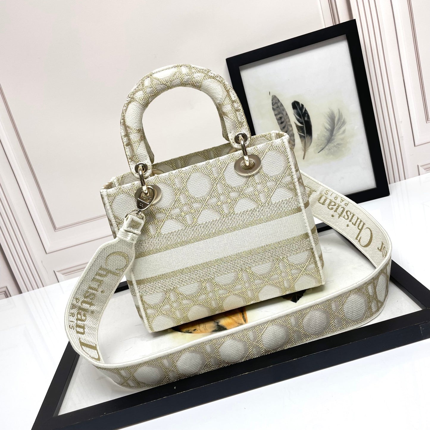 Christian Dior Medium Lady D-Lite Bag - Beige/White Embroidered Canvas