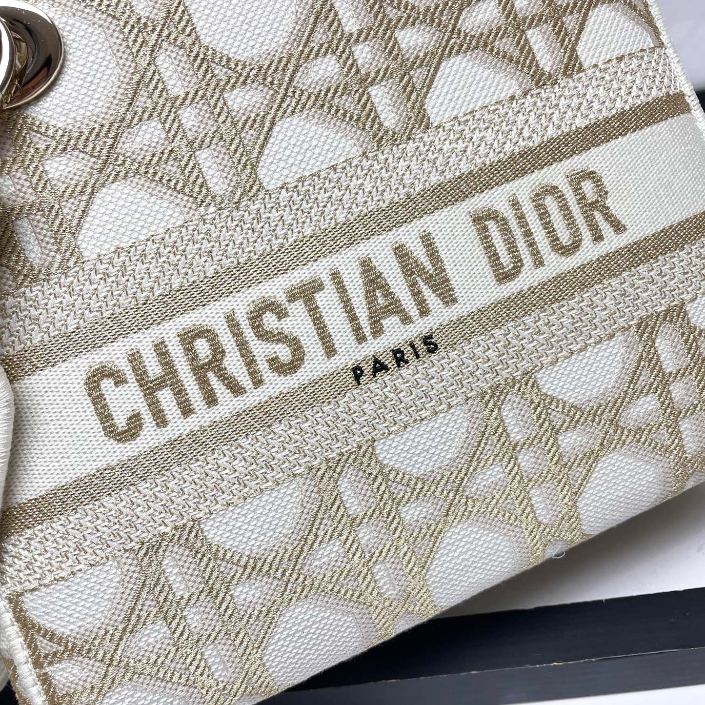 Christian Dior Lady D-Lite Medium Bag - Beige and White Cannage Embroidery