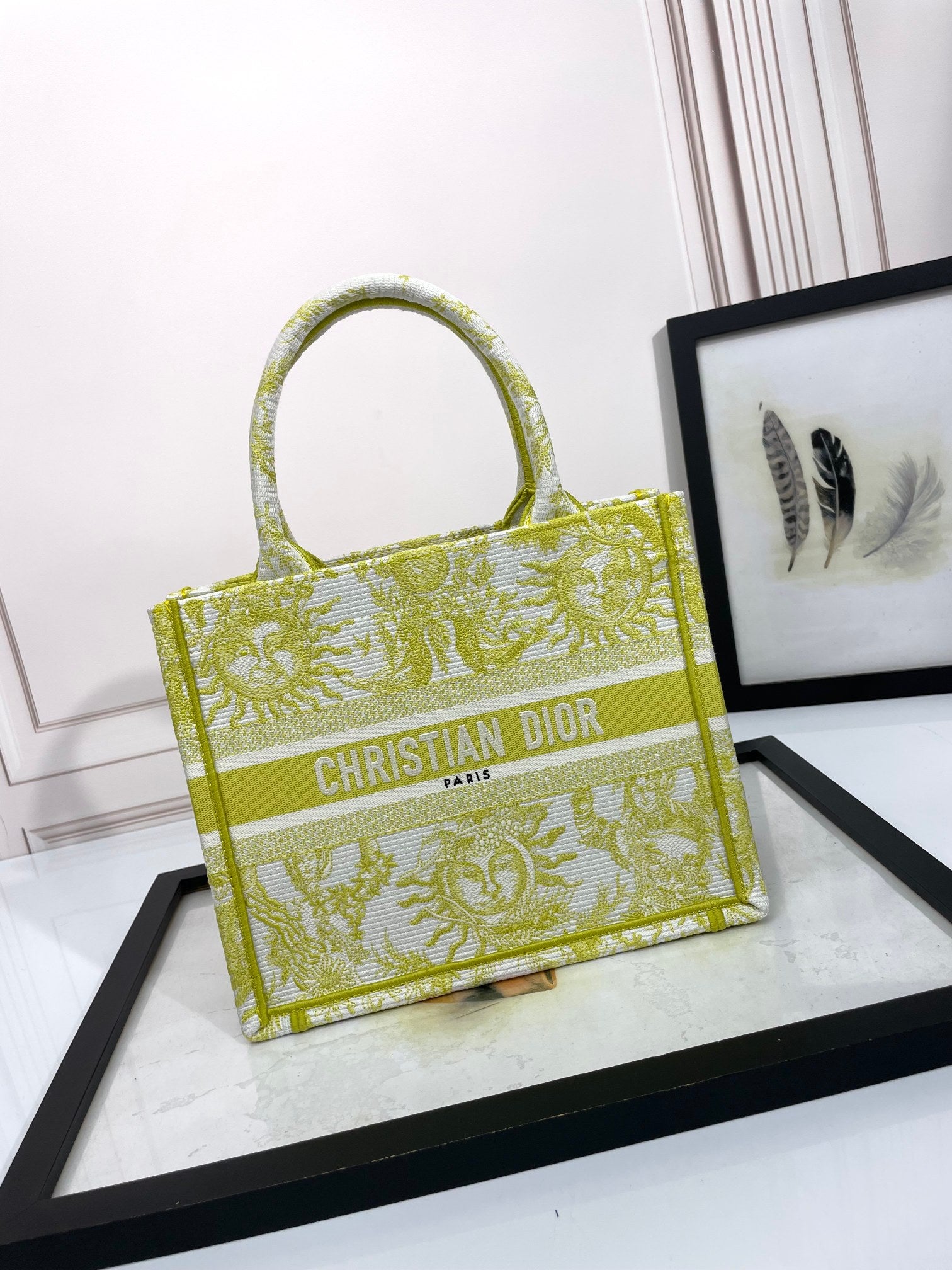 Christian Dior Medium Book Tote - Yellow & White Sun Motif Canvas Handbag