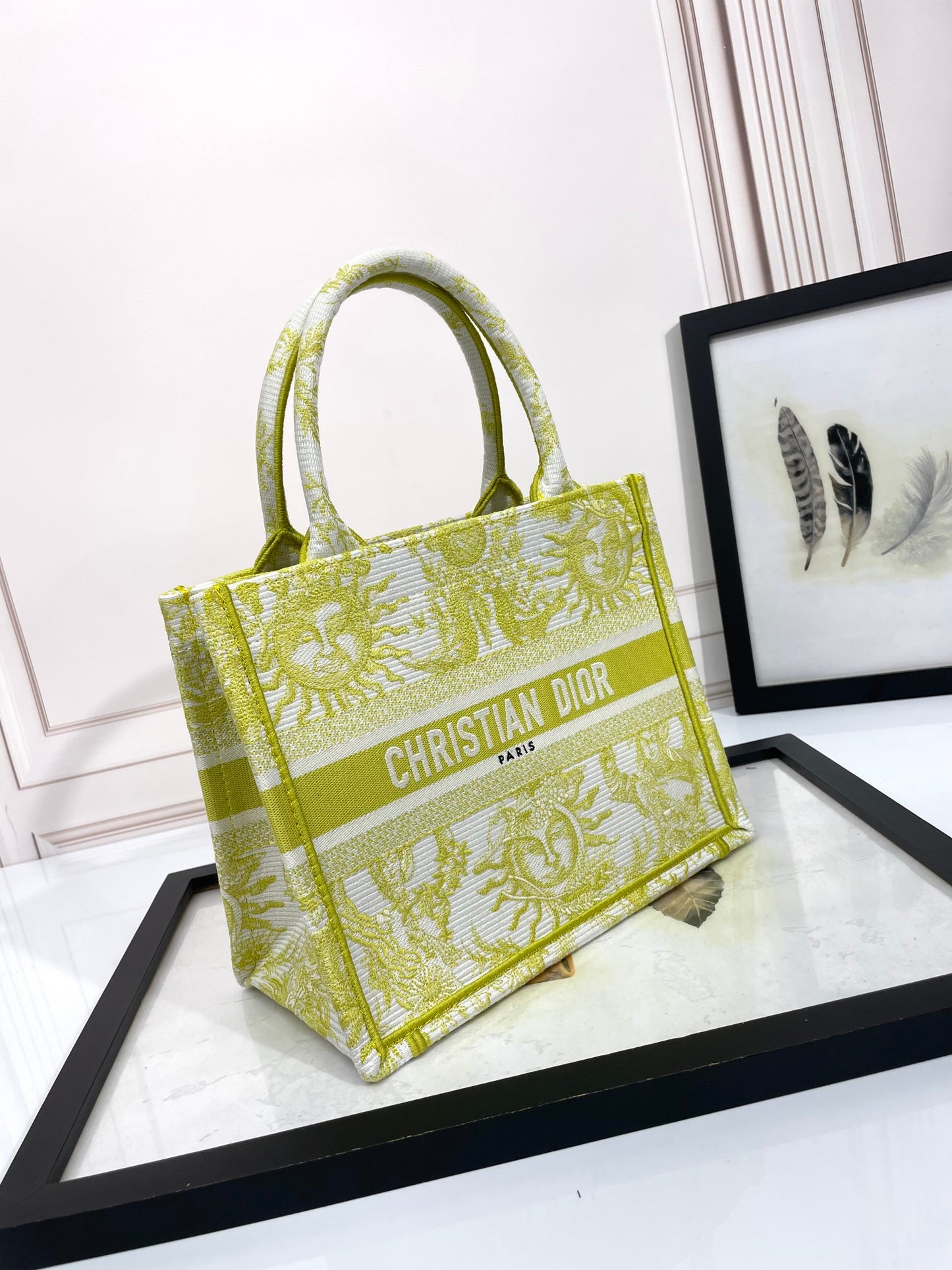 Christian Dior Medium Book Tote - Chartreuse Toile de Jouy Soleil Embroidery