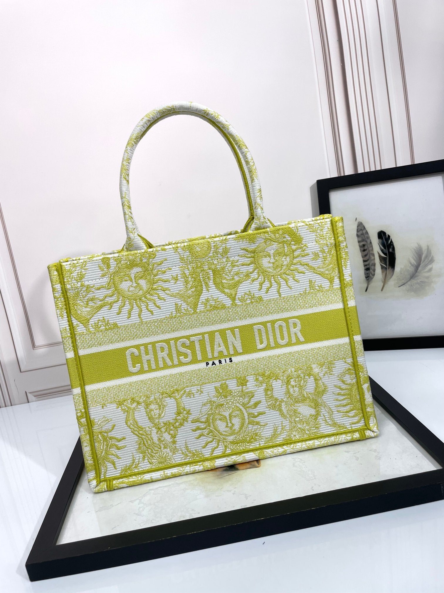 Christian Dior Medium Book Tote Lemon Yellow Toile de Jouy Soleil Embroidery