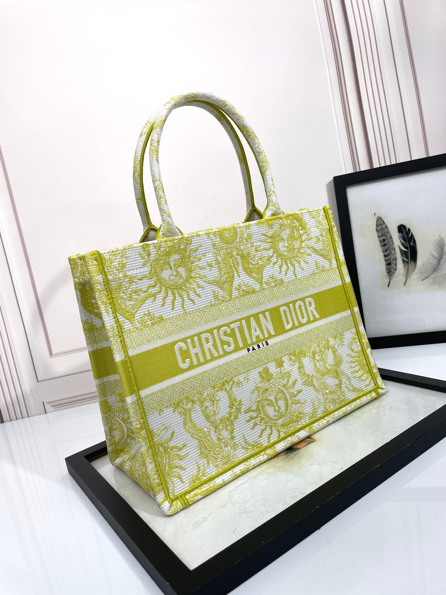Christian Dior Medium Book Tote - Lime Green & White Zodiac Embroidery
