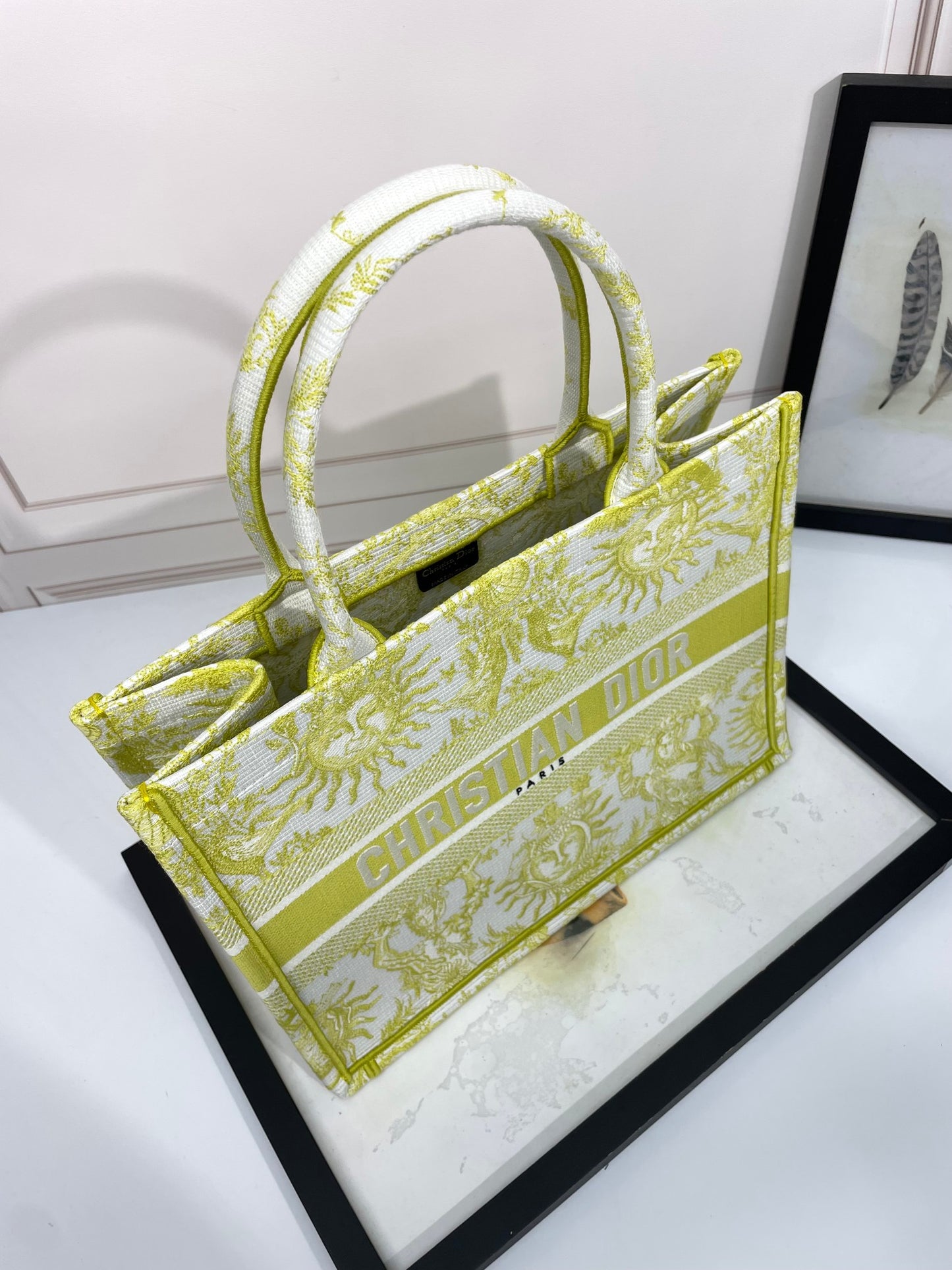 Christian Dior Medium Book Tote Lemon Yellow Toile de Jouy Soleil Embroidery