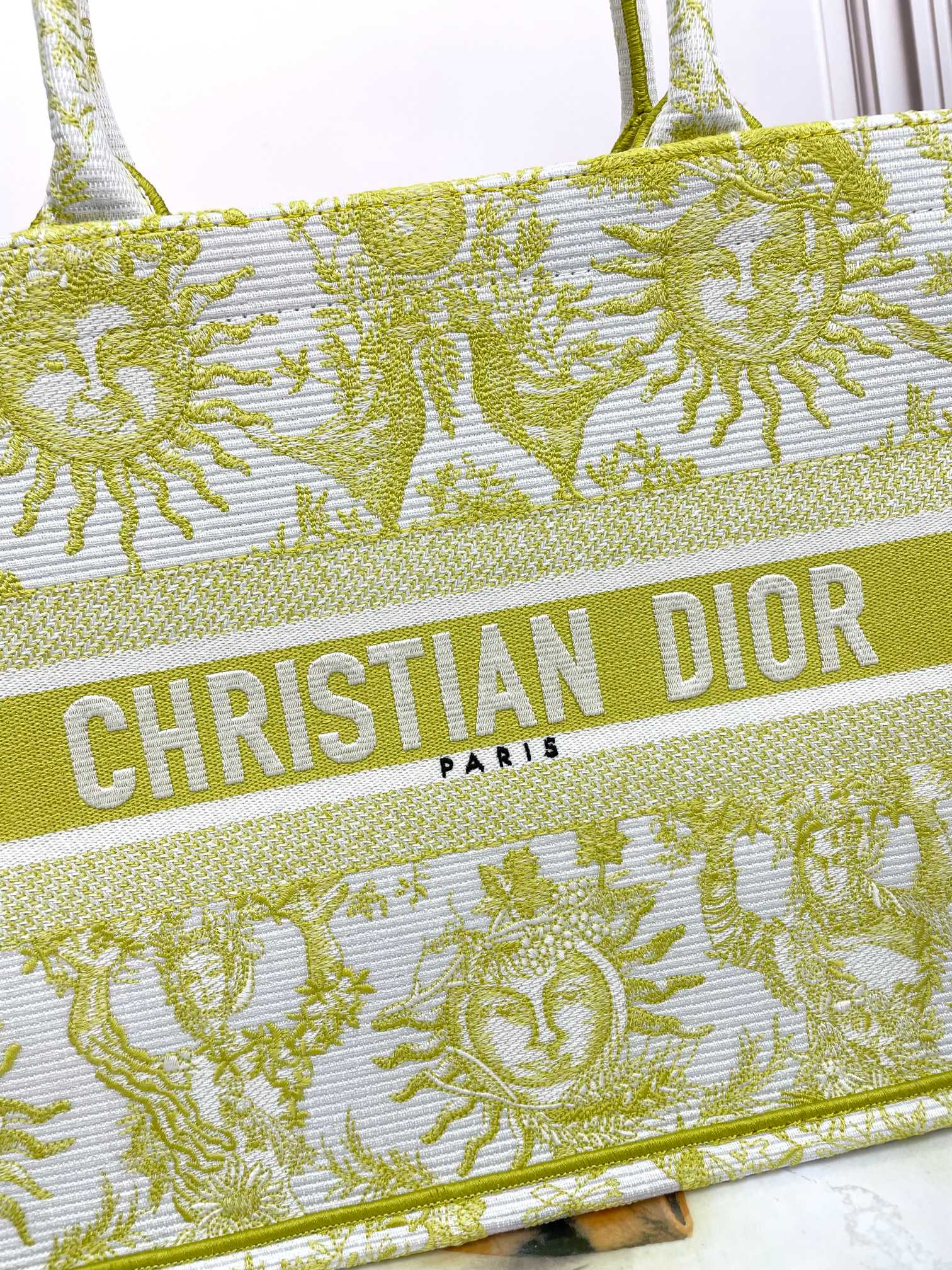Dior Lime Green and White Sun Pattern Canvas Tote Handbag