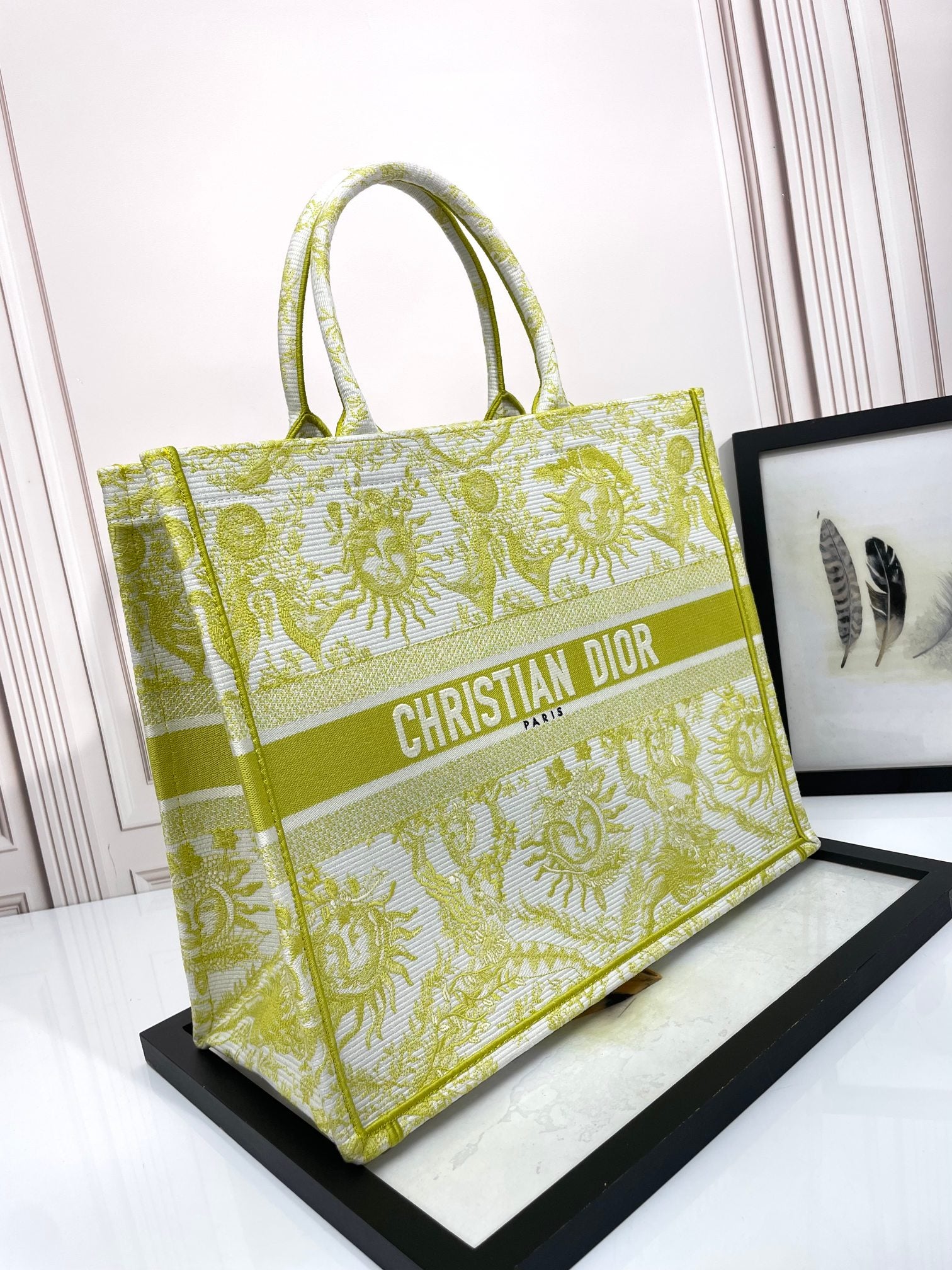Christian Dior Large Book Tote Yellow Toile de Jouy Zodiac Embroidery Canvas Bag
