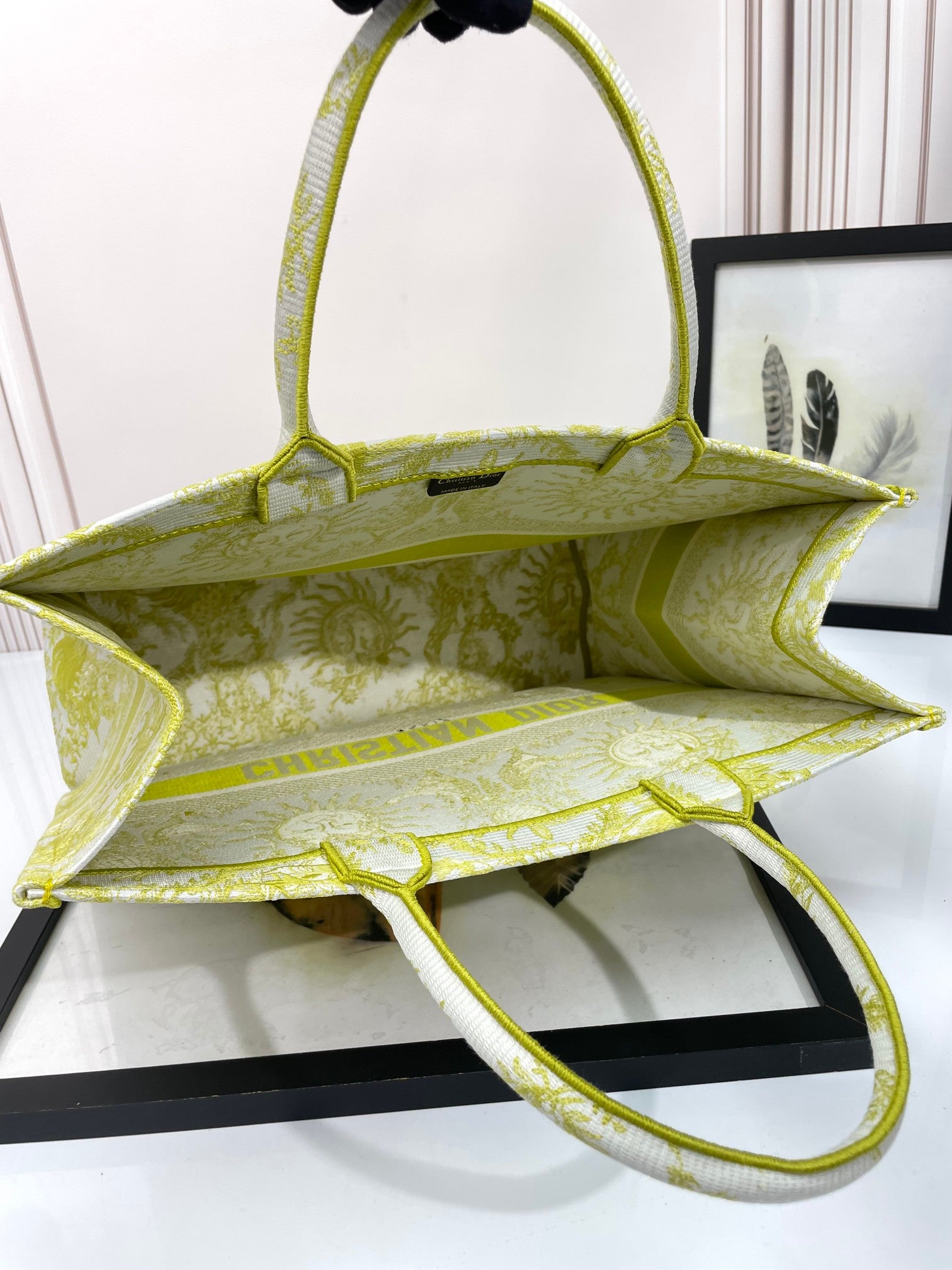 Christian Dior Large Book Tote Yellow Toile de Jouy Zodiac Embroidery Canvas Bag