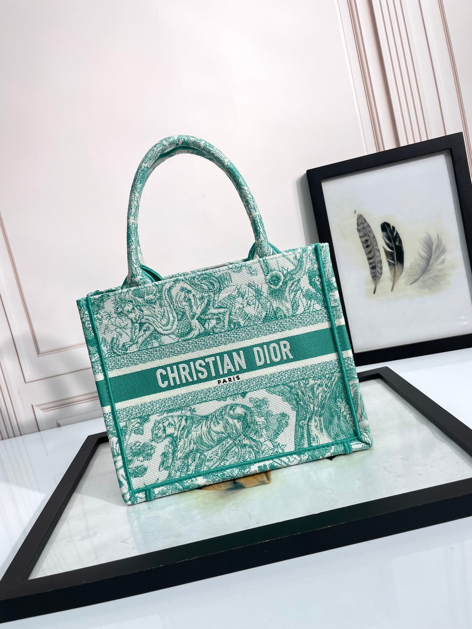 Christian Dior Small Book Tote - Green Toile de Jouy Embroidery