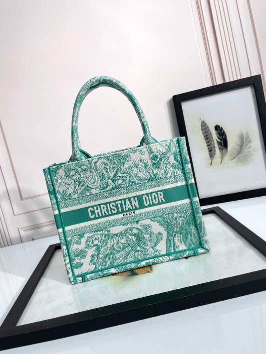 Christian Dior Green Toile de Jouy Embroidered Book Tote Bag