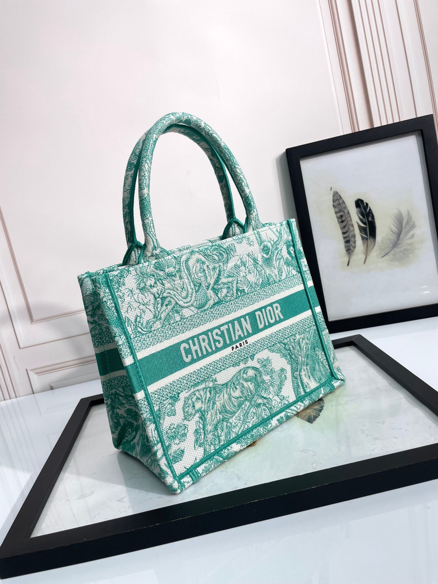 Dior Elegant Green Toile de Jouy Pattern Canvas Tote Bag for Women