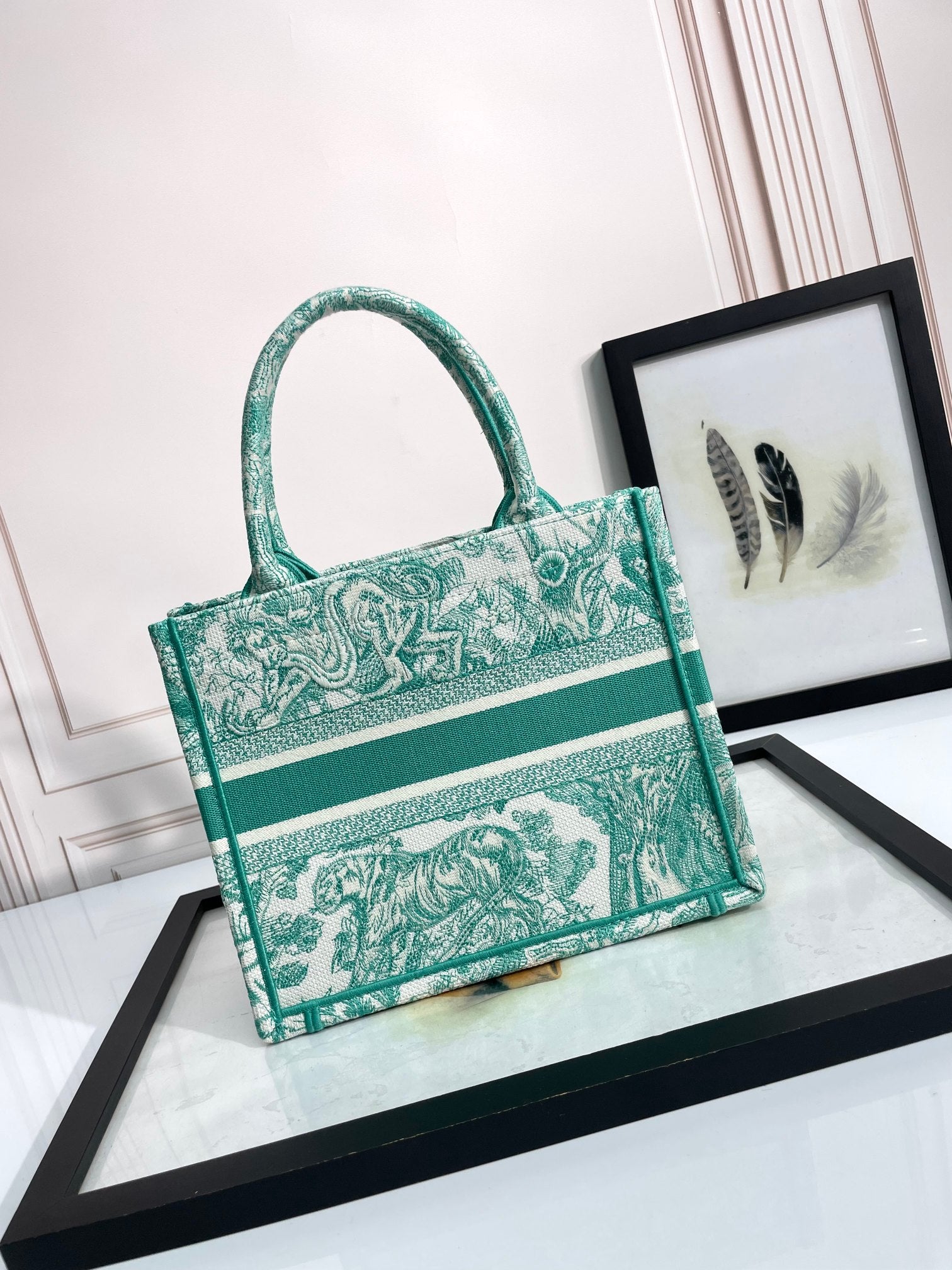 Christian Dior Book Tote Bag - Green and White Toile de Jouy Embroidered Canvas