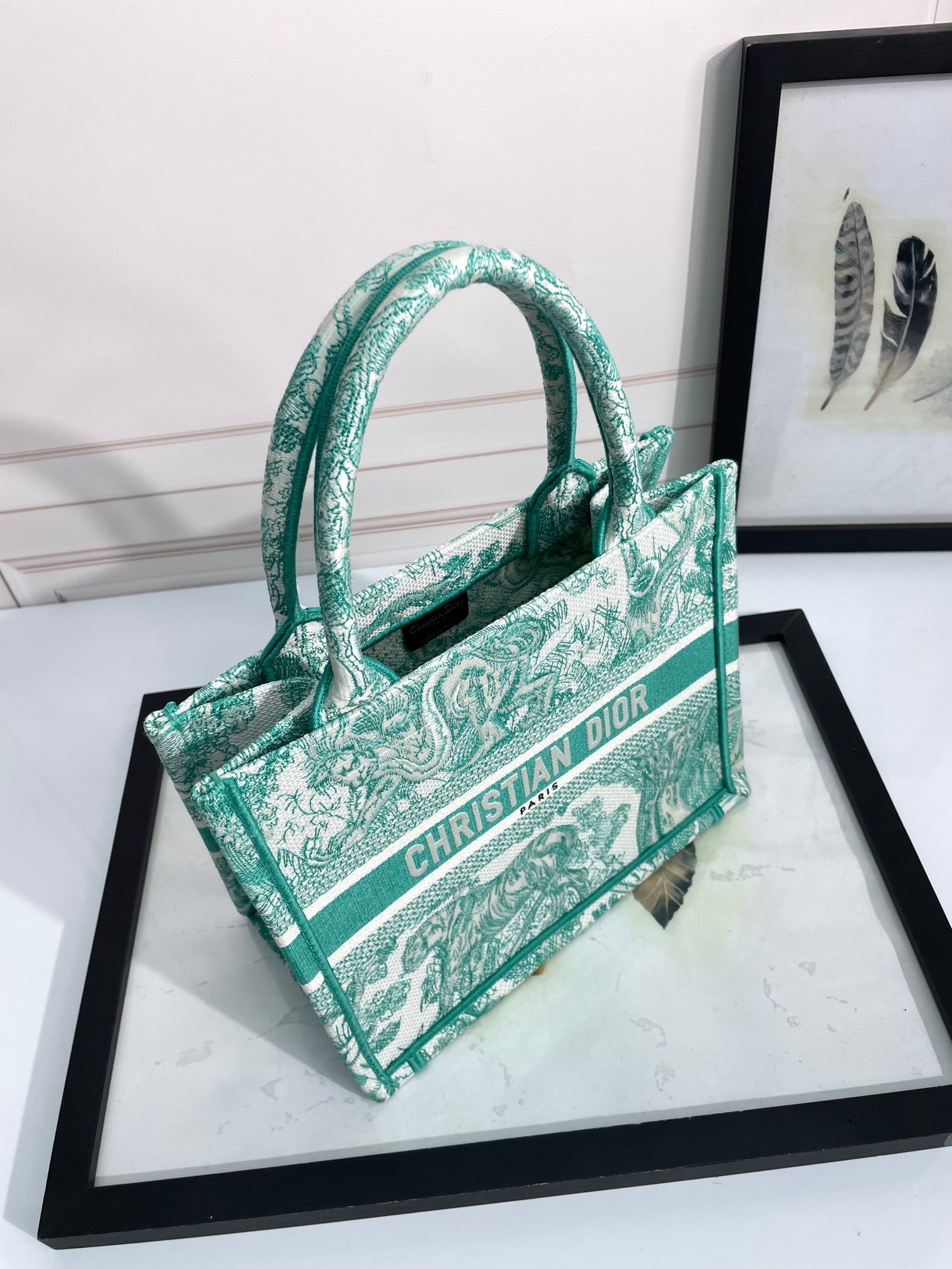 Christian Dior Book Tote Bag - Green and White Toile de Jouy Embroidered Canvas