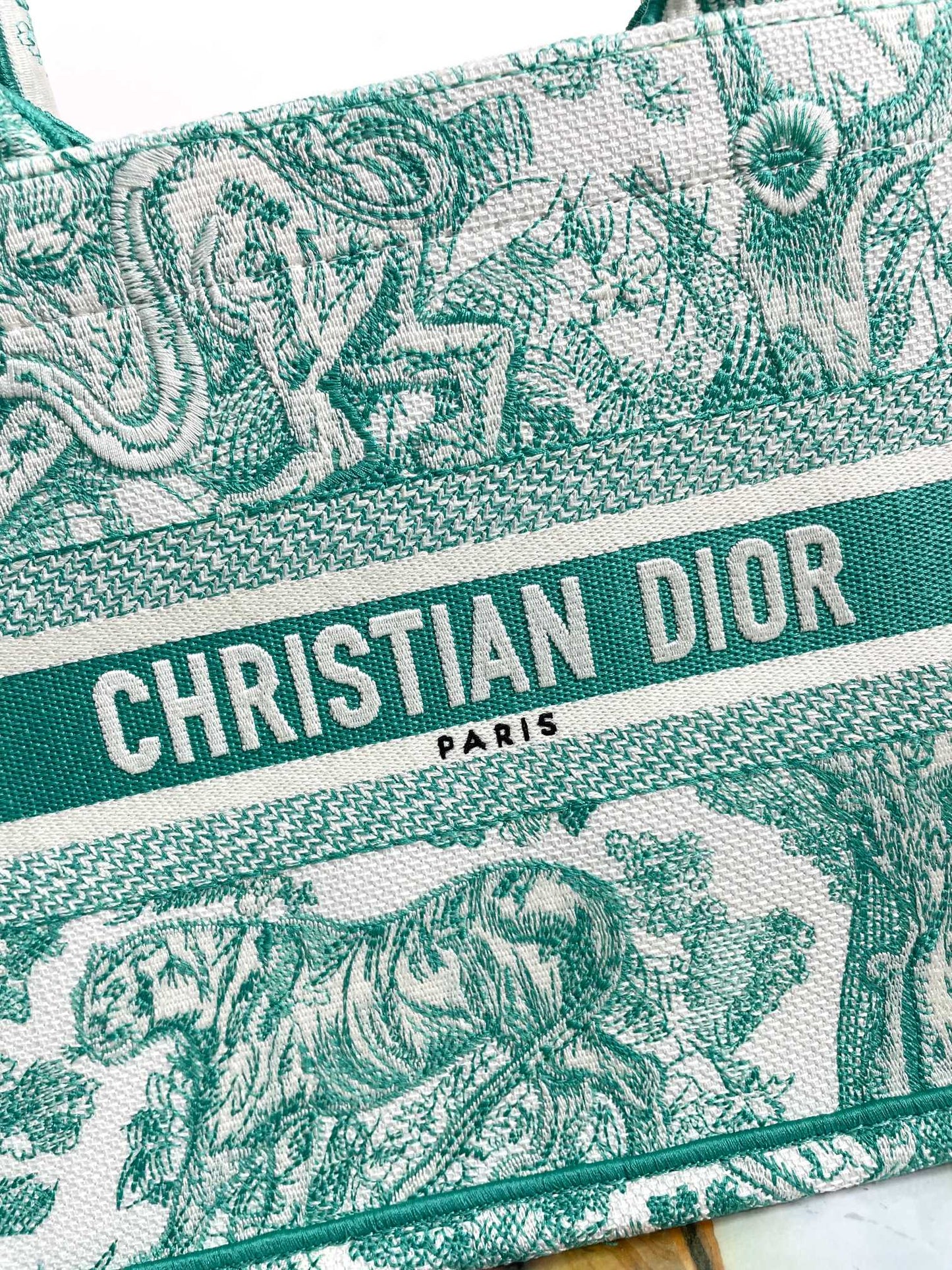 Christian Dior Small Book Tote - Green Toile de Jouy Embroidery
