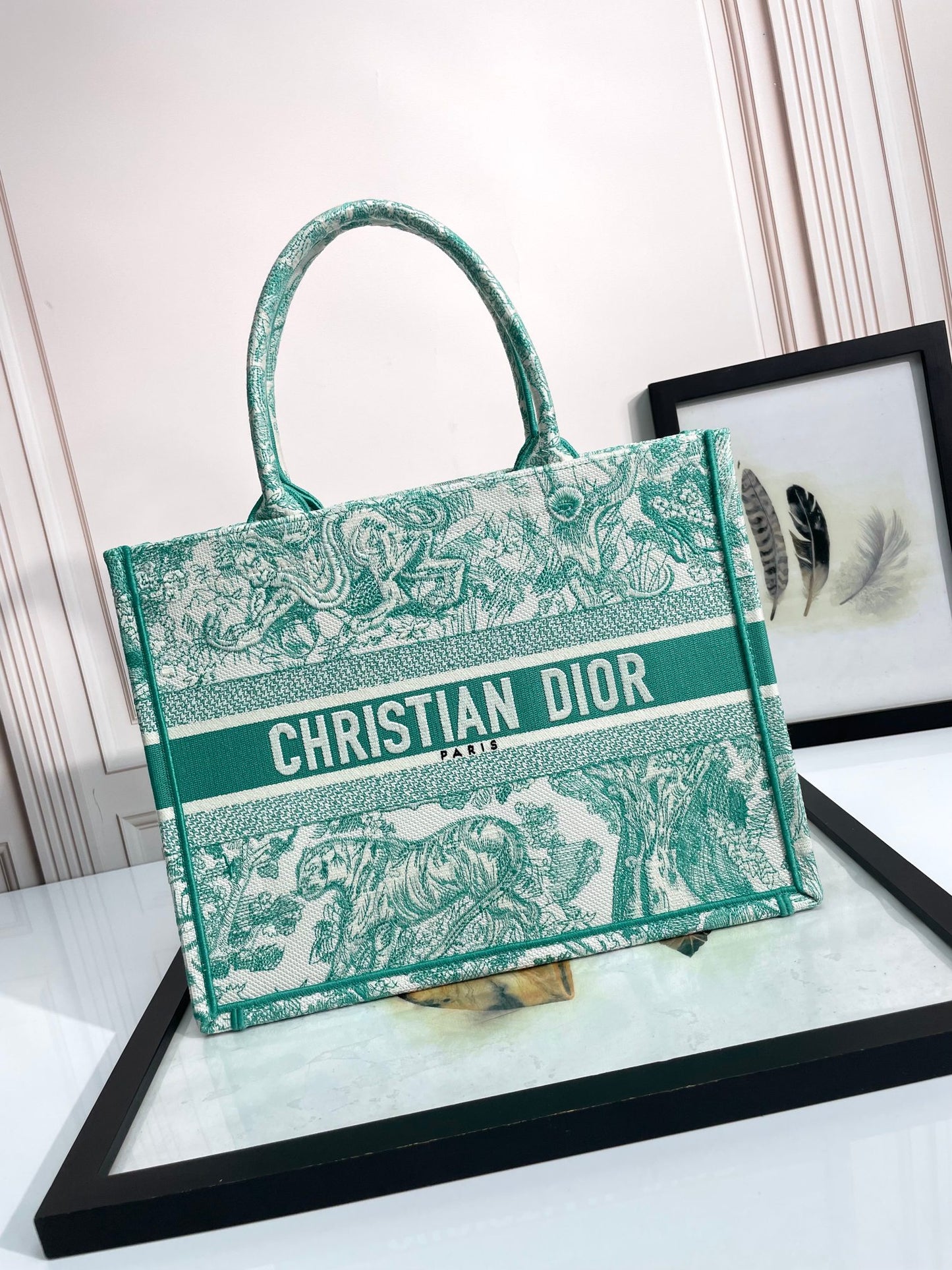 Christian Dior Medium Book Tote - Green Toile de Jouy Embroidered Canvas