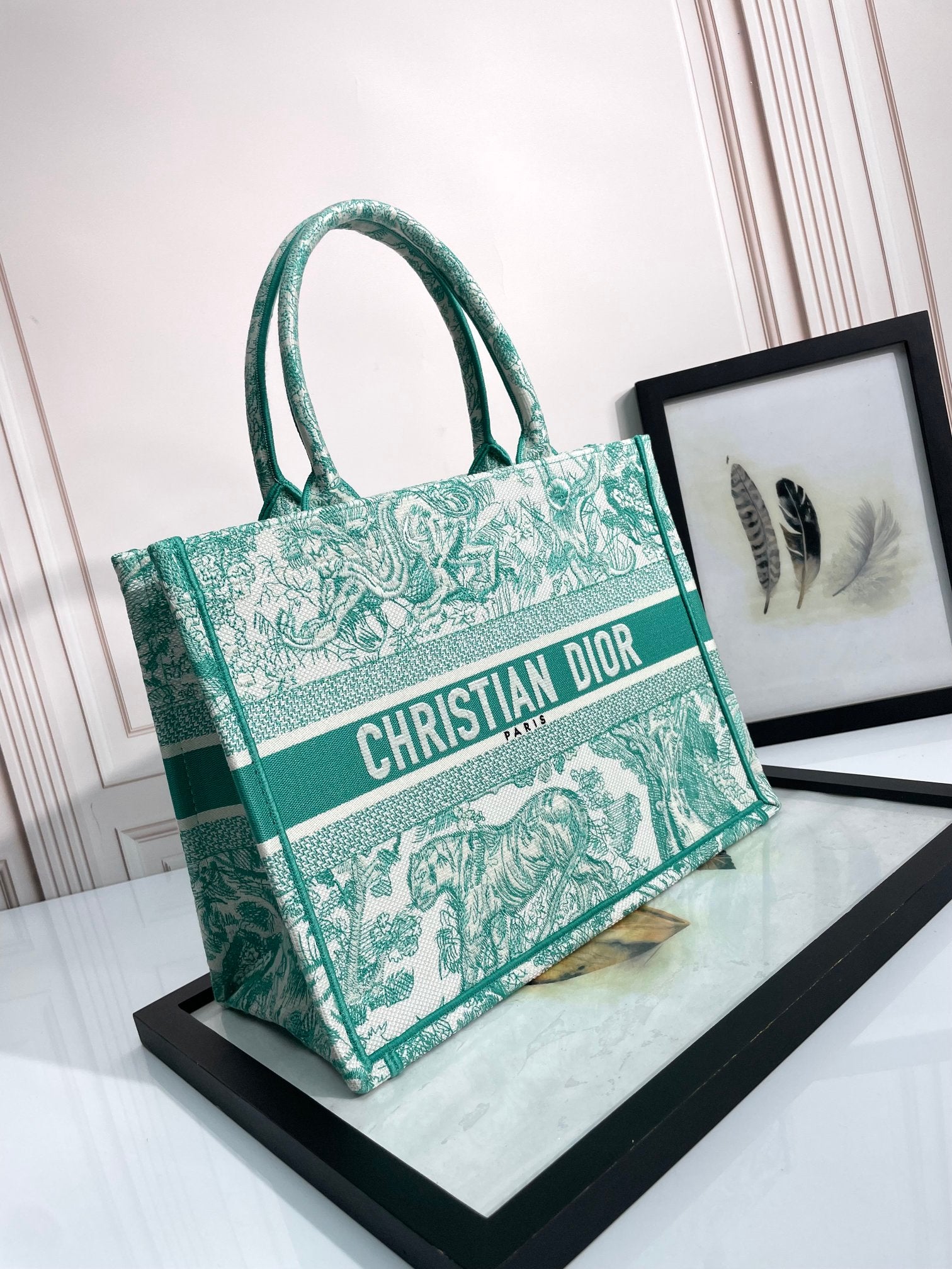 Christian Dior Medium Book Tote Green Toile de Jouy Embroidery