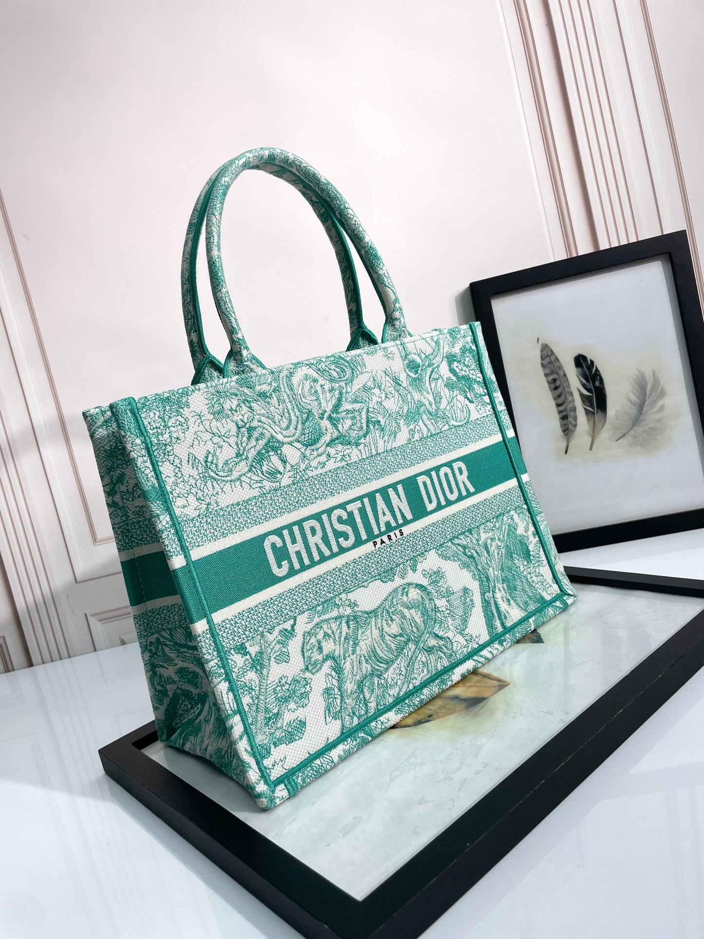 Christian Dior Book Tote - Green Toile de Jouy Embroidery