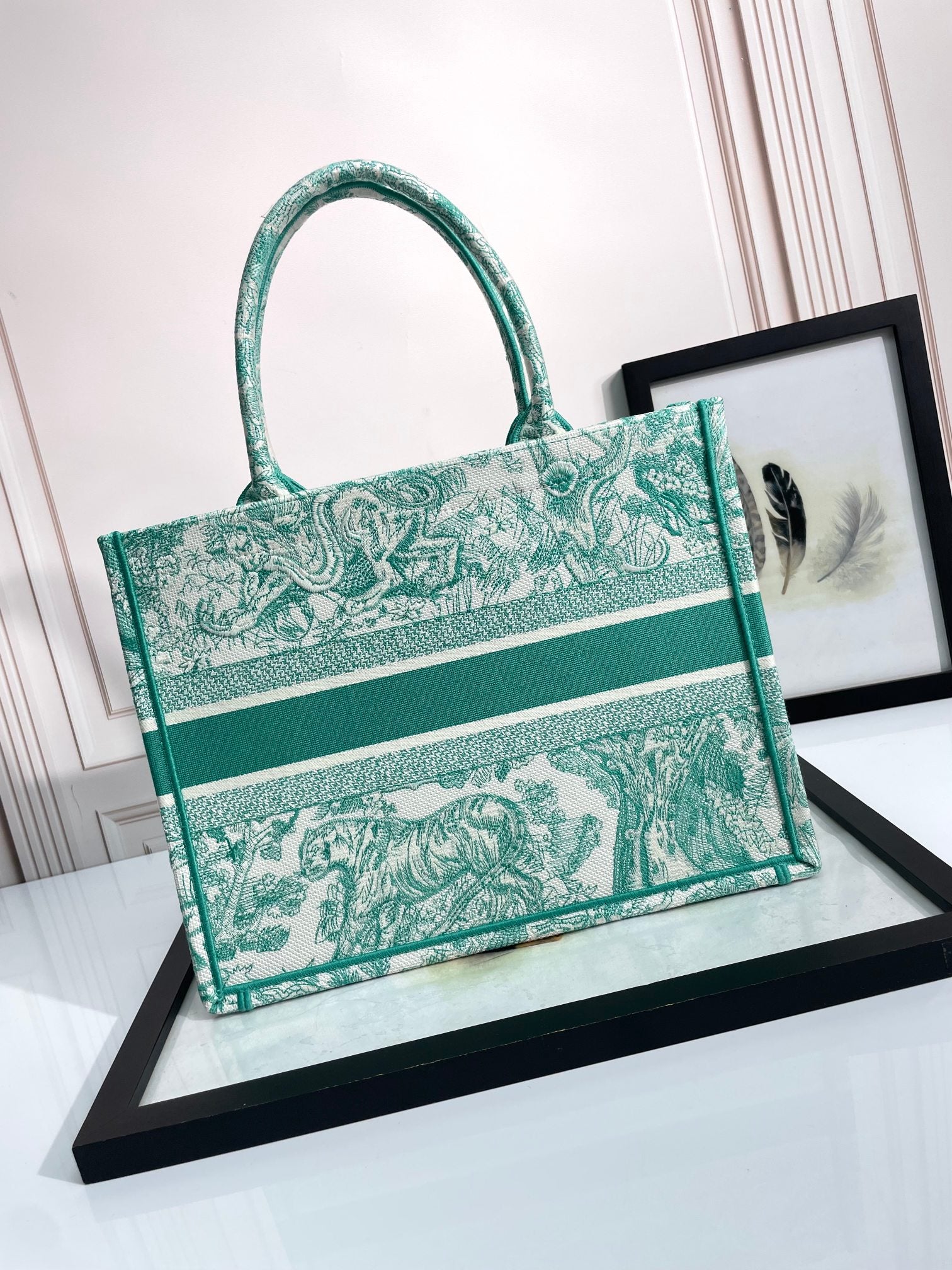 Christian Dior Medium Book Tote - Green Toile de Jouy Embroidered Canvas