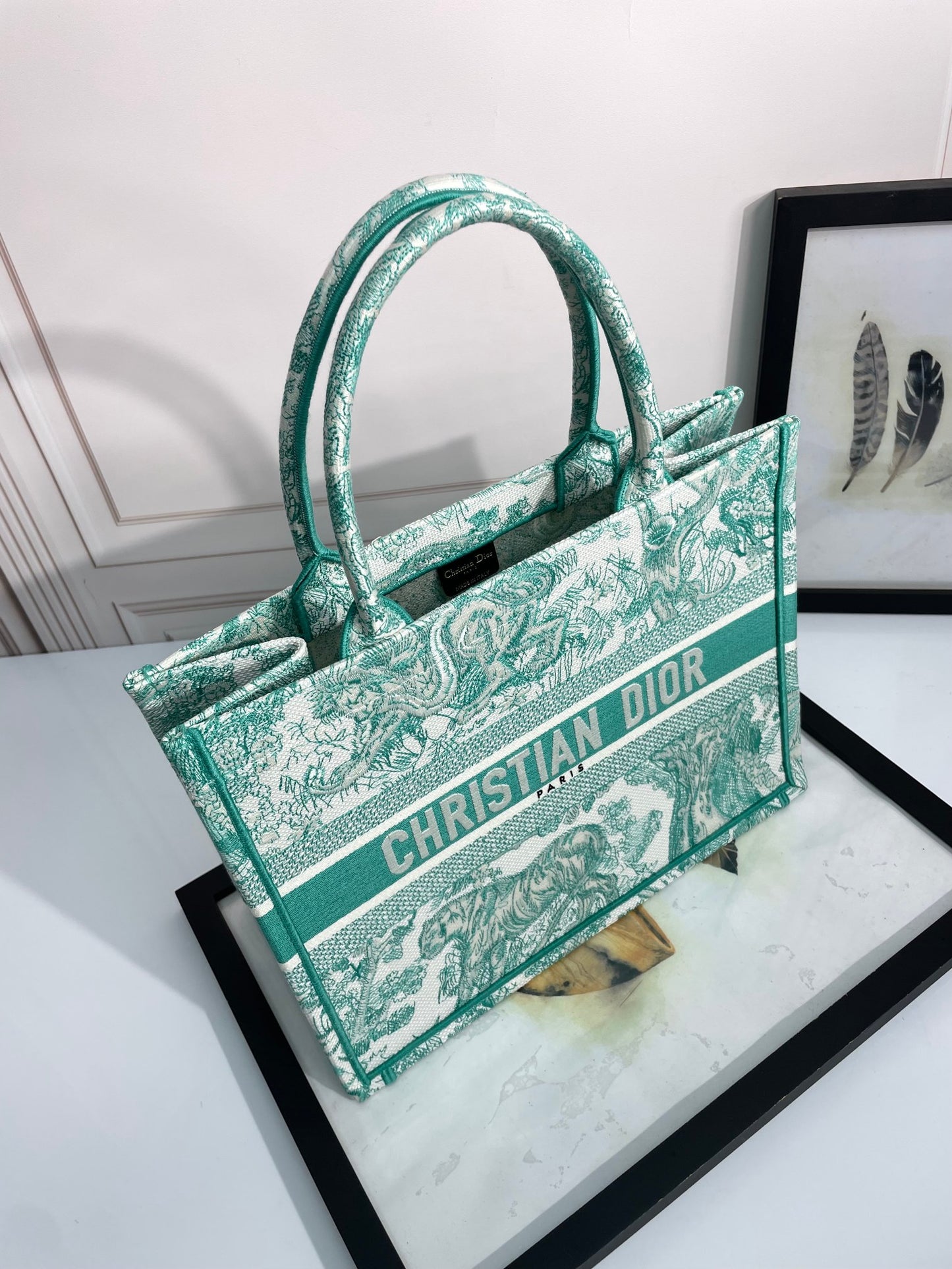 Christian Dior Medium Book Tote Green Toile de Jouy Embroidery