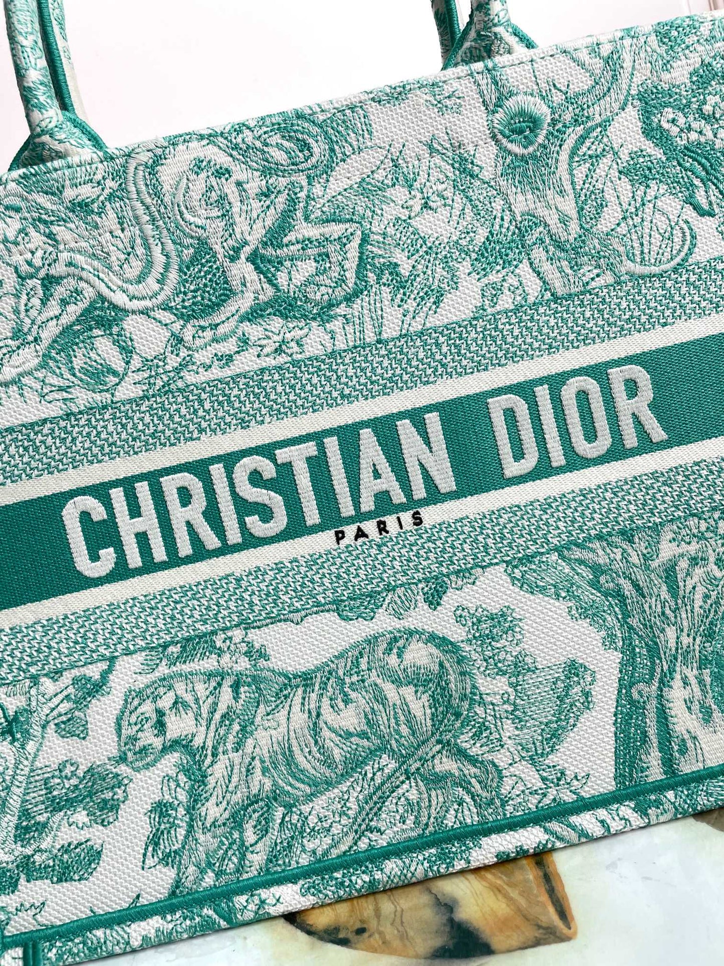 Christian Dior Book Tote - Green Toile de Jouy Embroidery