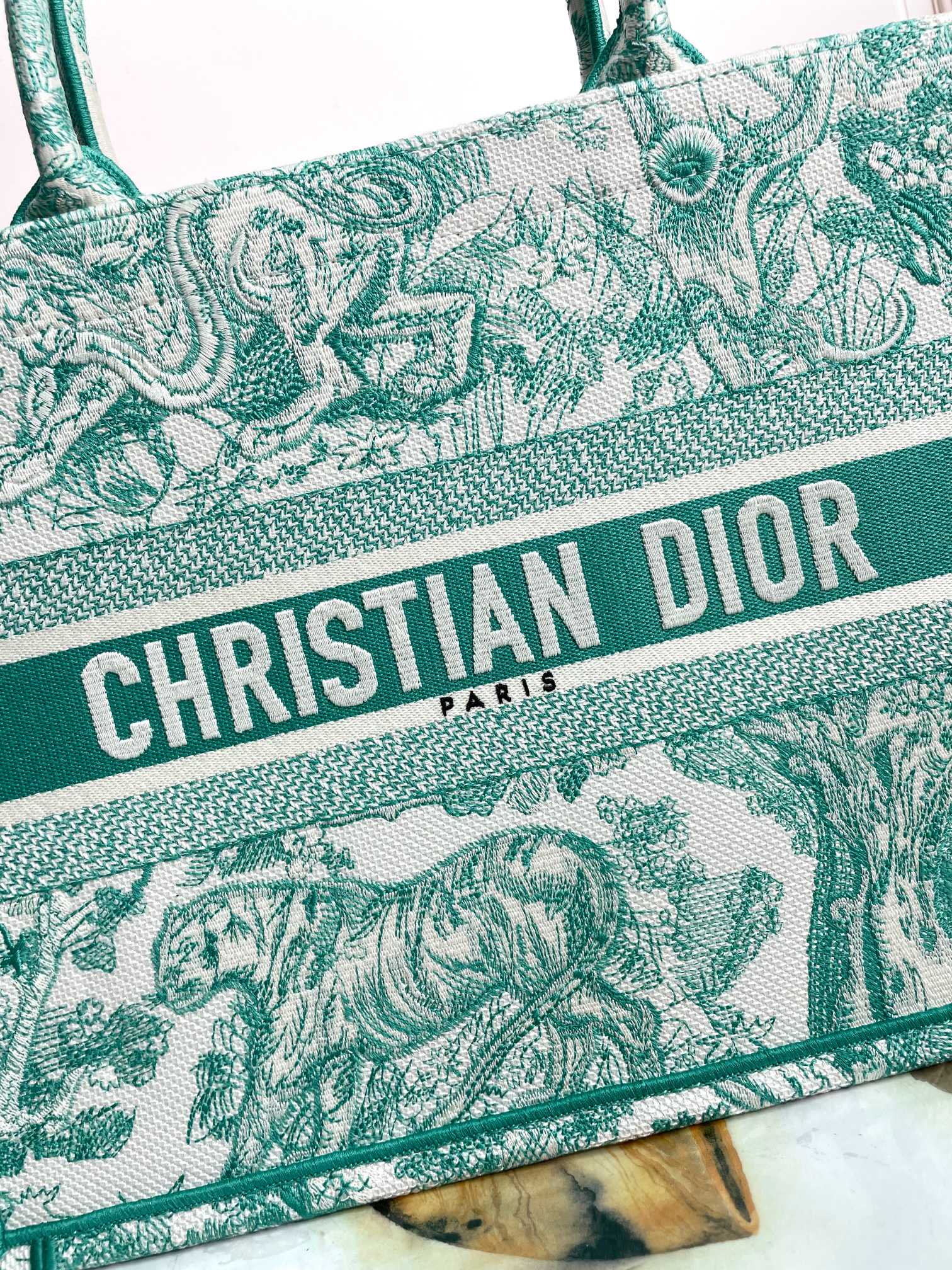 Christian Dior Medium Book Tote - Green Toile de Jouy Embroidery