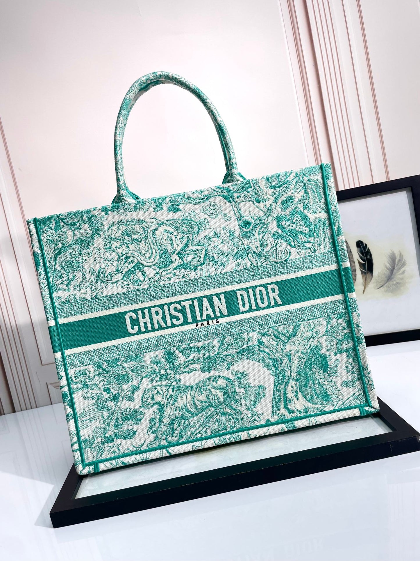 Christian Dior Large Book Tote Green Toile de Jouy Embroidered Canvas Bag