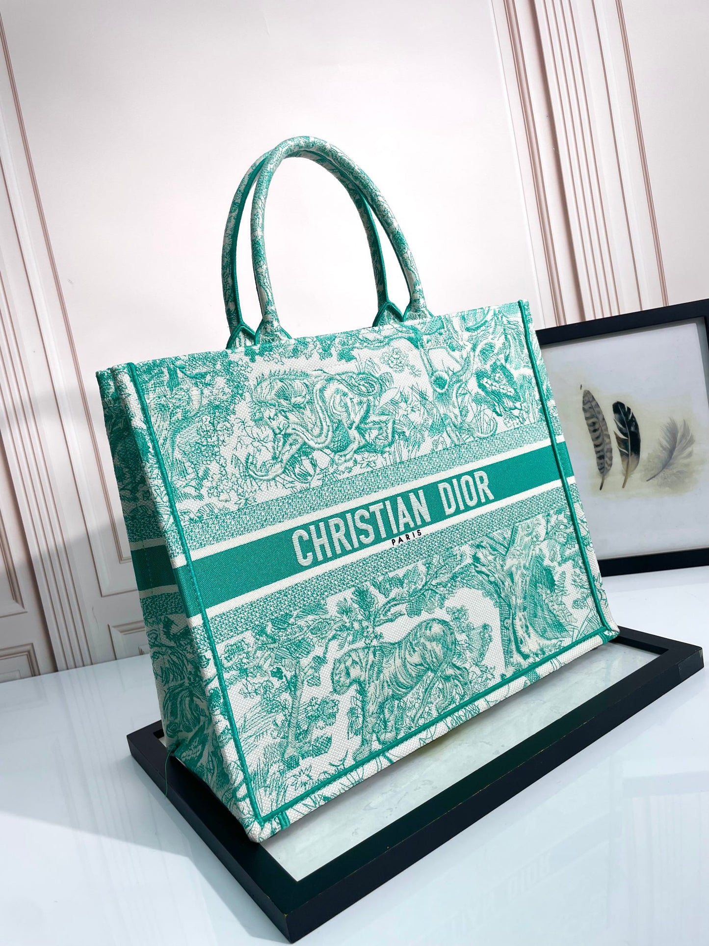 Christian Dior Large Book Tote Green Toile de Jouy Embroidery