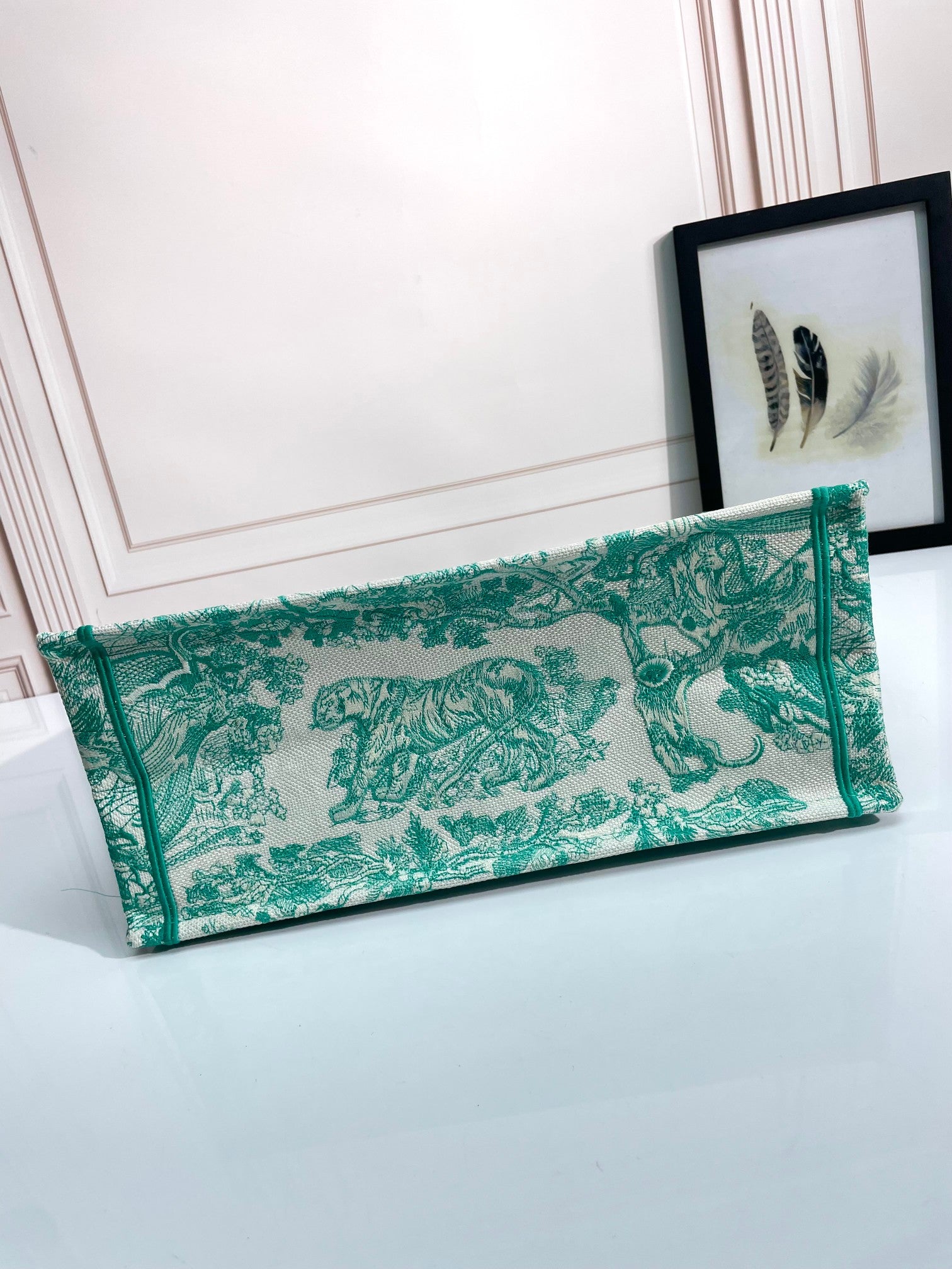 Christian Dior Large Book Tote Green Toile de Jouy Embroidered Canvas Bag
