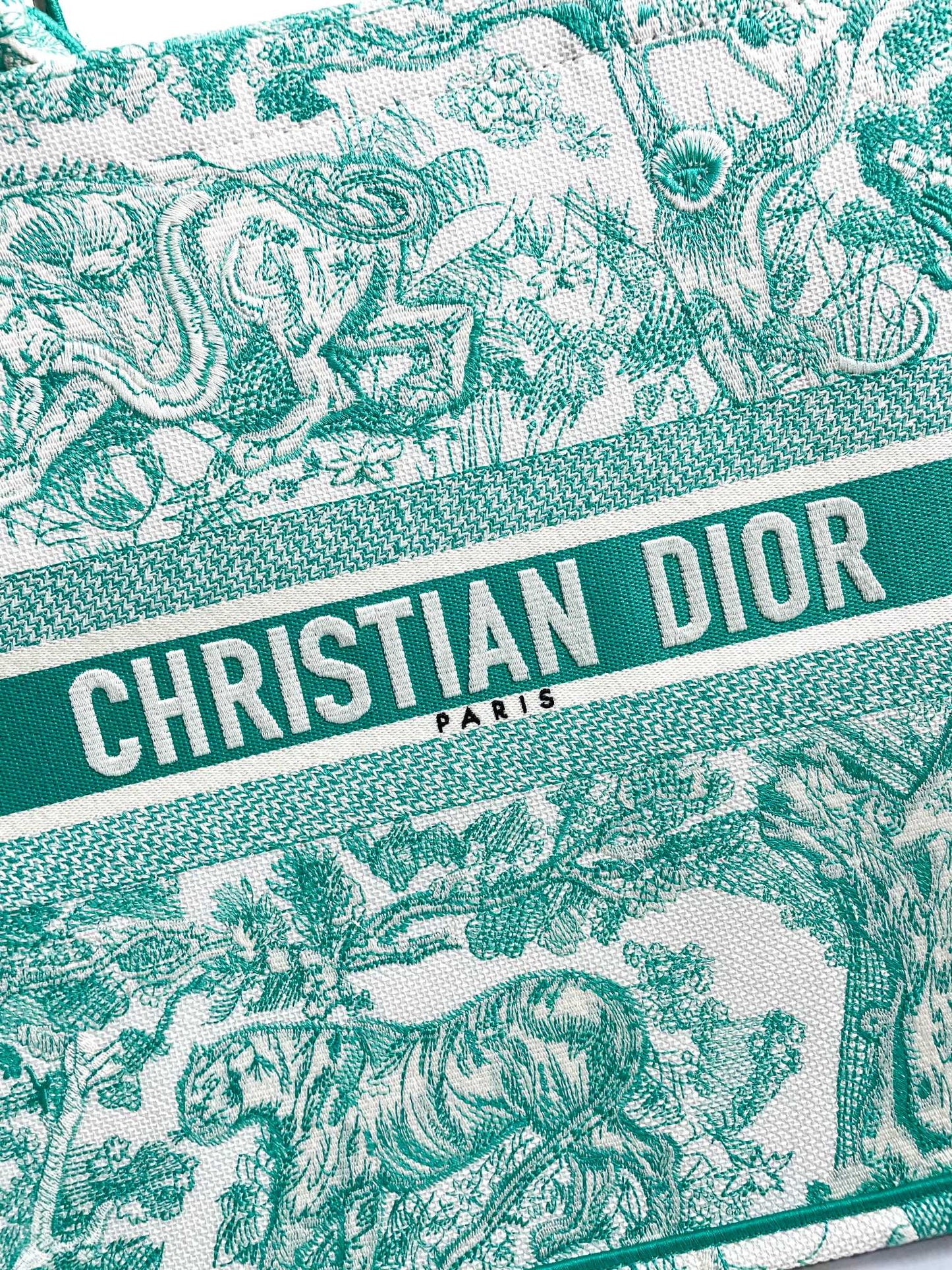 Christian Dior Green Toile de Jouy Embroidered Large Book Tote Bag