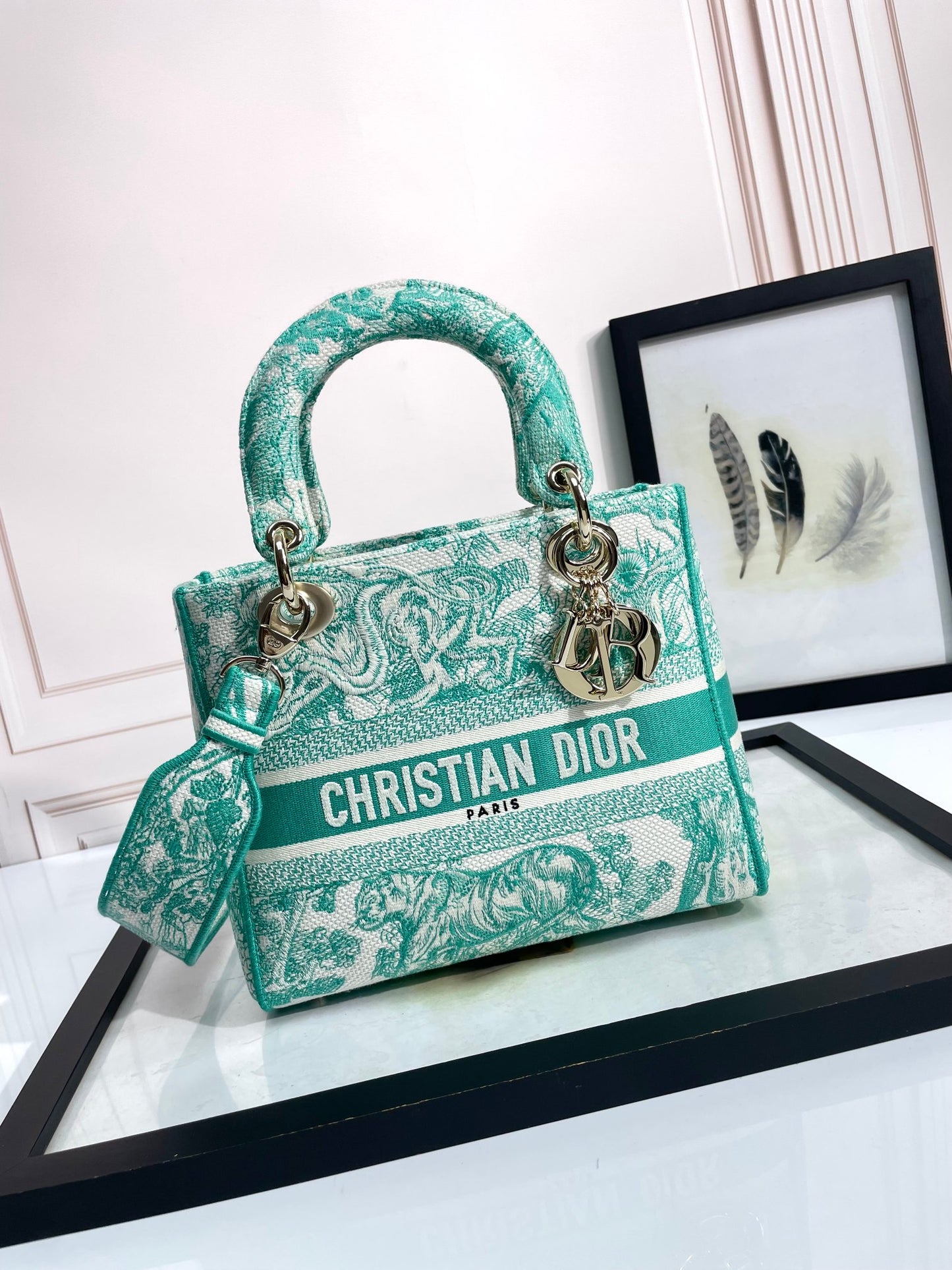 Christian Dior Lady D-Lite Bag - Green Toile de Jouy Embroidery Medium Handbag