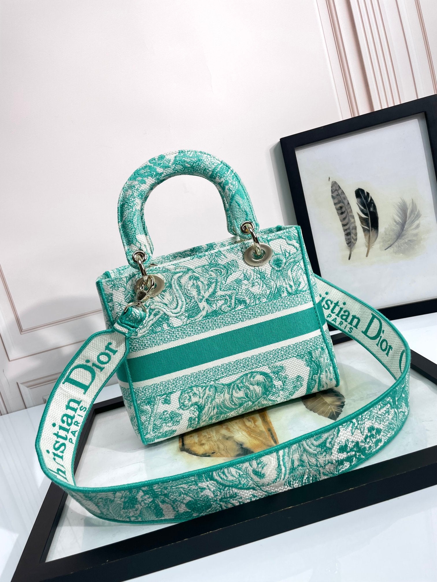 Christian Dior Lady D-Lite Bag in Green and White Floral Embroidery