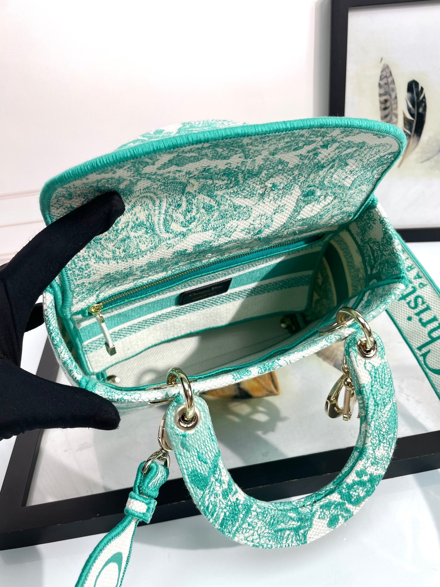 Christian Dior Lady D-Lite Bag in Green and White Floral Embroidery