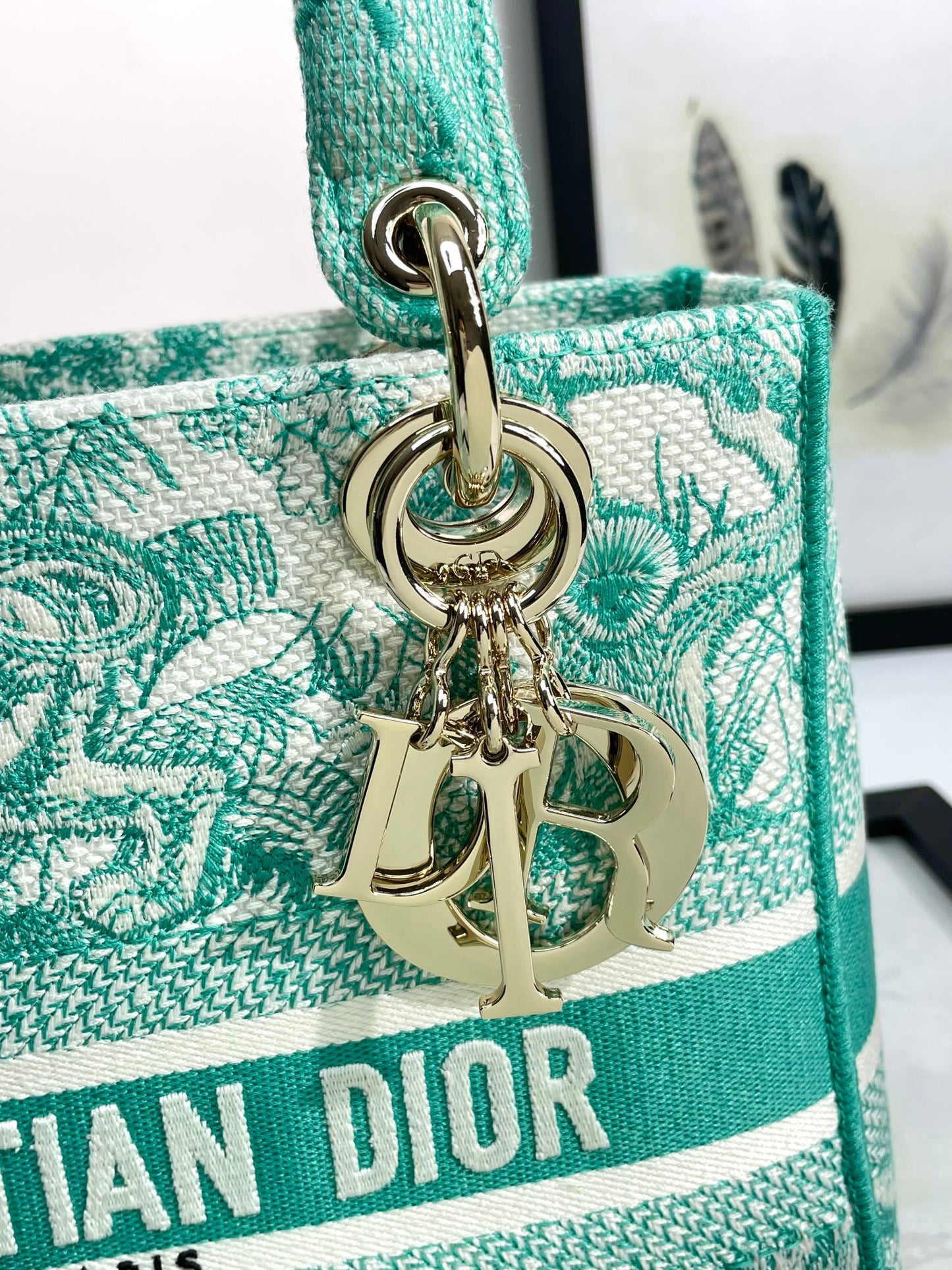 Christian Dior Lady D-Lite Bag in Green and White Floral Embroidery