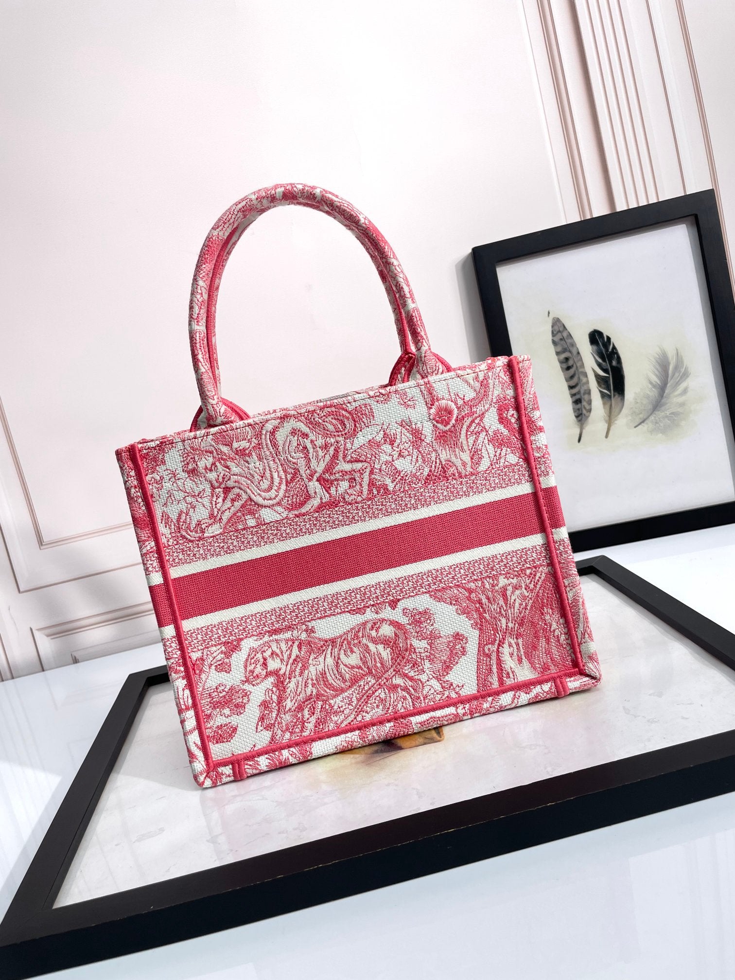 Christian Dior Small Dior Book Tote - Red Toile de Jouy Reverse Embroidery